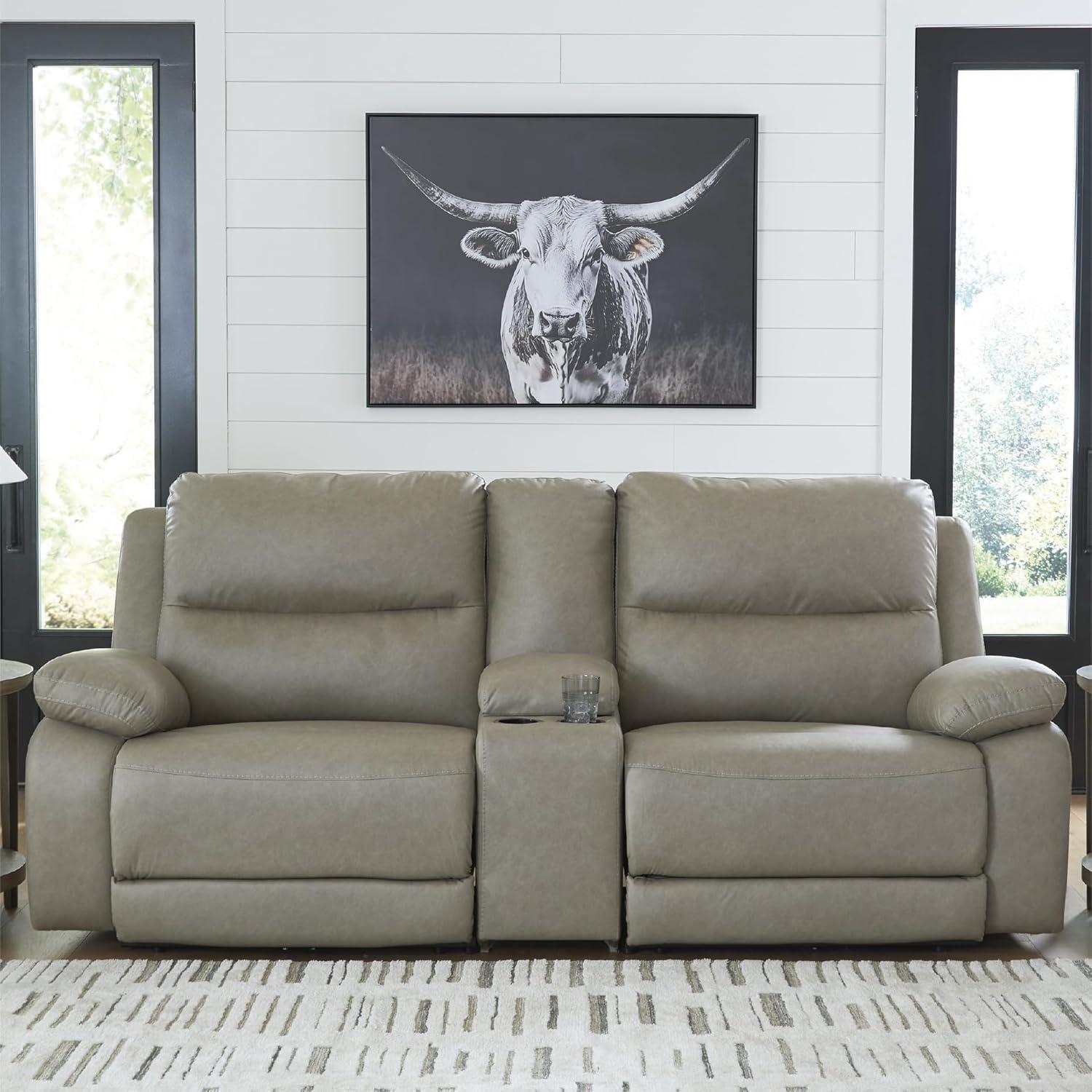 imageSignature Design by Ashley Brannigan LShape Symmetrical Contemporary Faux Leather 5Piece Power Reclining Sectional with USB Port and Adjustable Headrest Light Gray3Piece Power Reclining Sectional with Console