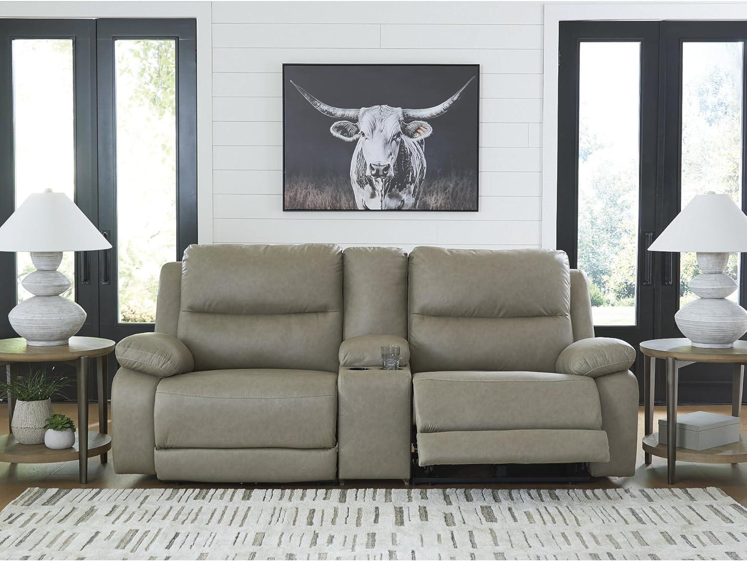 imageSignature Design by Ashley Brannigan LShape Symmetrical Contemporary Faux Leather 5Piece Power Reclining Sectional with USB Port and Adjustable Headrest Light Gray3Piece Power Reclining Sectional with Console
