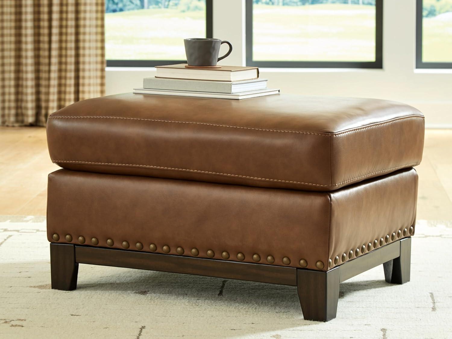 imageSignature Design by Ashley Brendola Transitional Leather Match Loveseat with Loose Seat Cushions and Nailhead Trim Light BrownOttoman