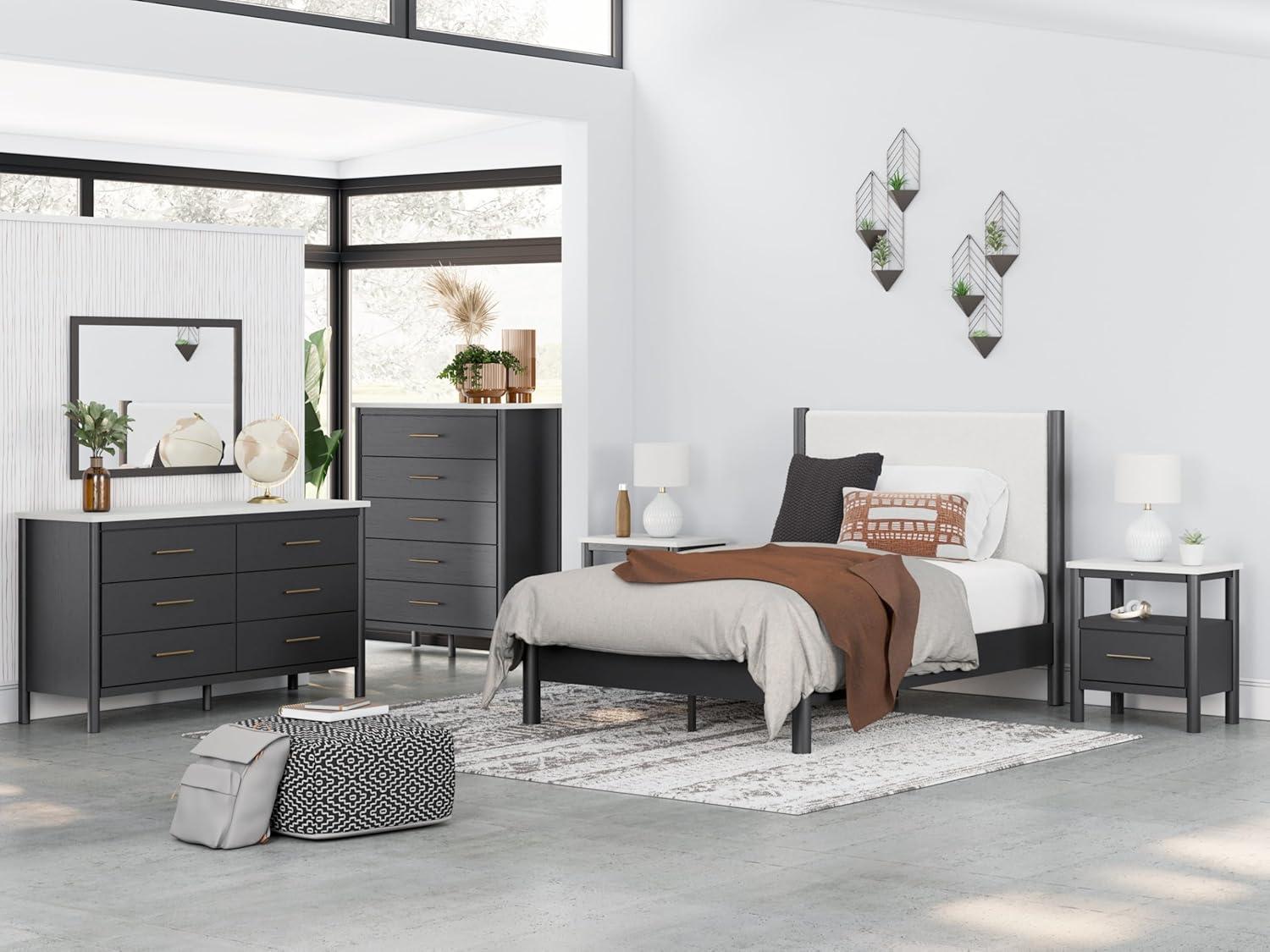 imageSignature Design by Ashley Cadmori Modern Queen Upholstered Platform Bed Foundation or Box Spring Not Needed Black amp WhiteBlackWhite