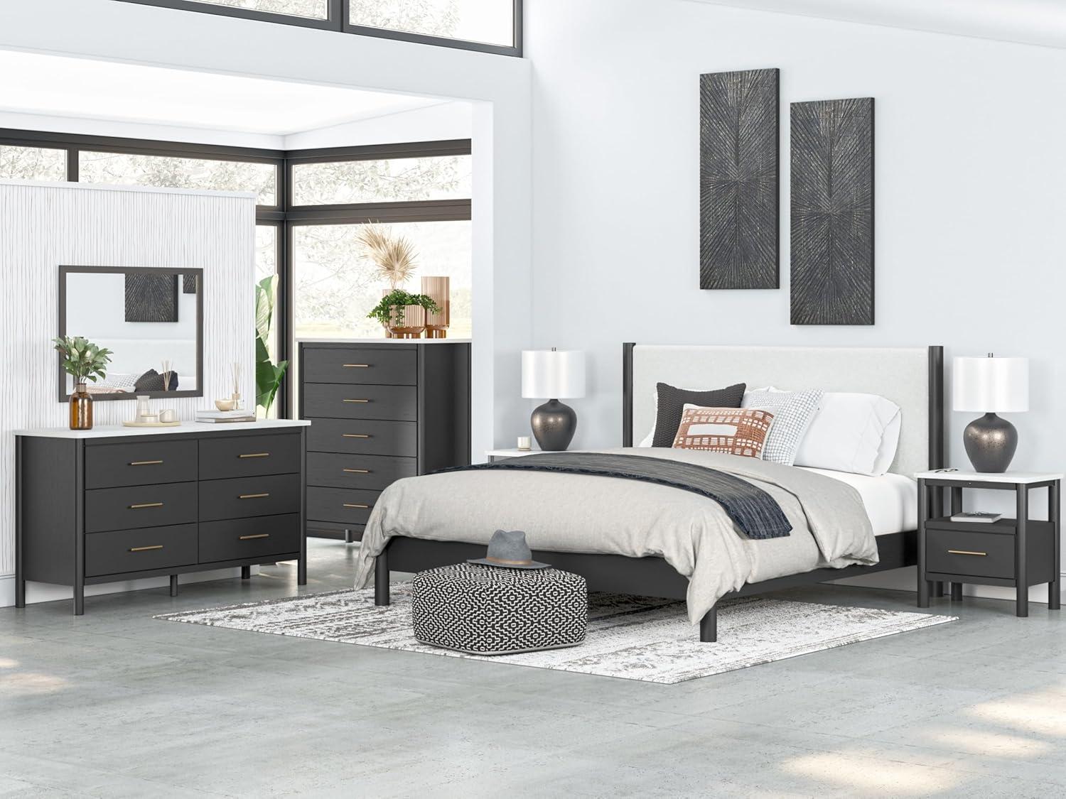 imageSignature Design by Ashley Cadmori Modern Queen Upholstered Platform Bed Foundation or Box Spring Not Needed Black amp WhiteBlackWhite