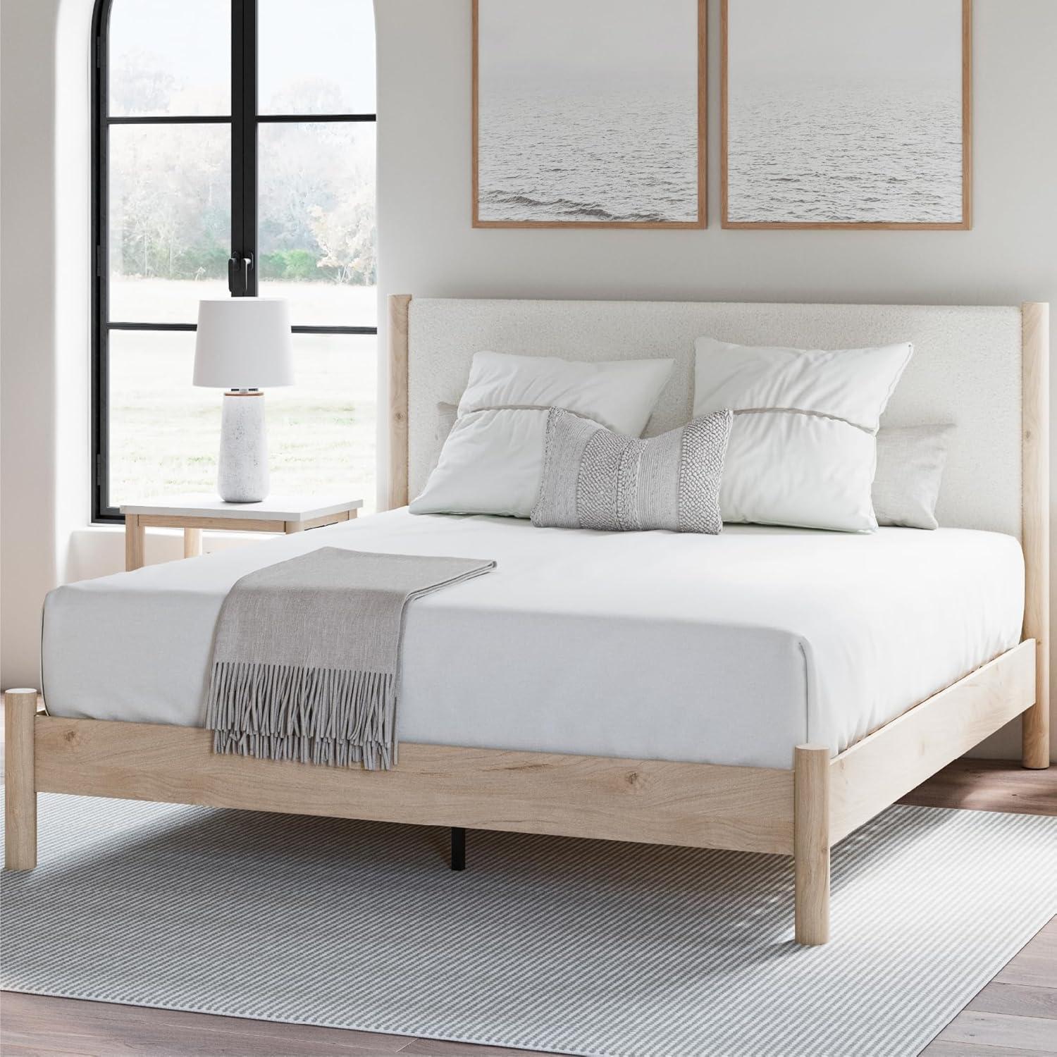imageSignature Design by Ashley Cadmori Modern Queen Upholstered Platform Bed Foundation or Box Spring Not Needed Black amp WhiteTwotone