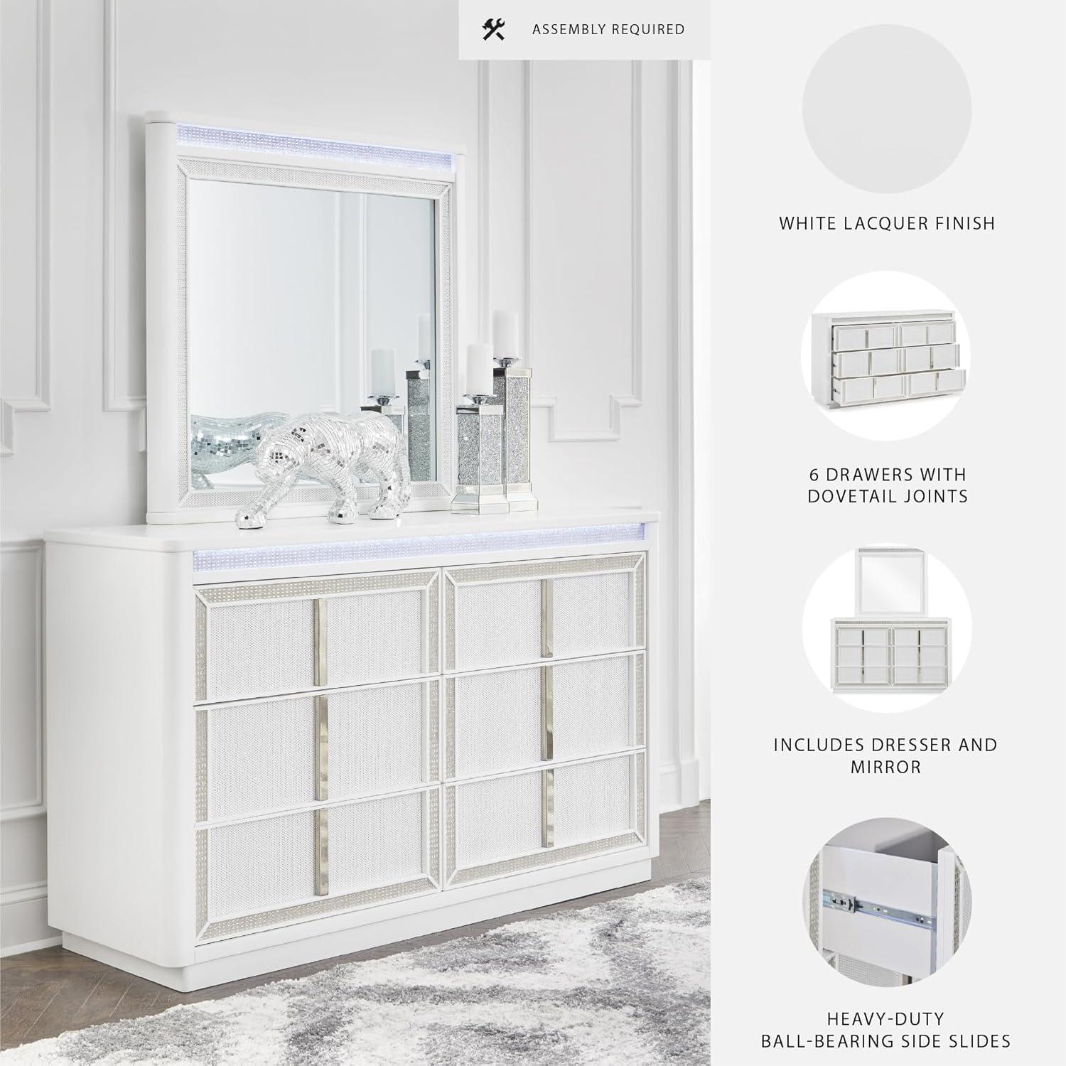 imageSignature Design by Ashley Chalanna Glam 6Drawer Dresser and Mirror with FeltLined Top Drawers LED Lighting and Safety Stop WhiteGlam