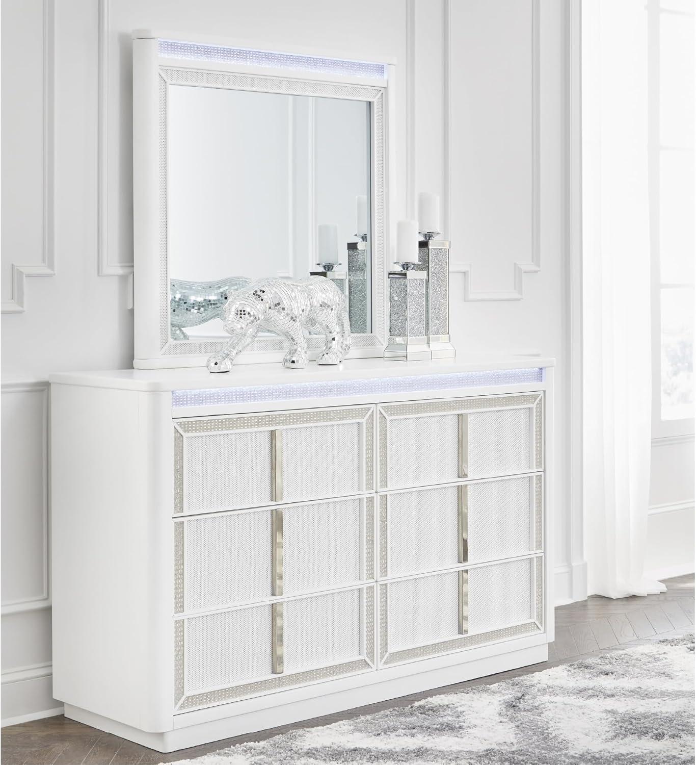 imageSignature Design by Ashley Chalanna Glam 6Drawer Dresser and Mirror with FeltLined Top Drawers LED Lighting and Safety Stop WhiteGlam