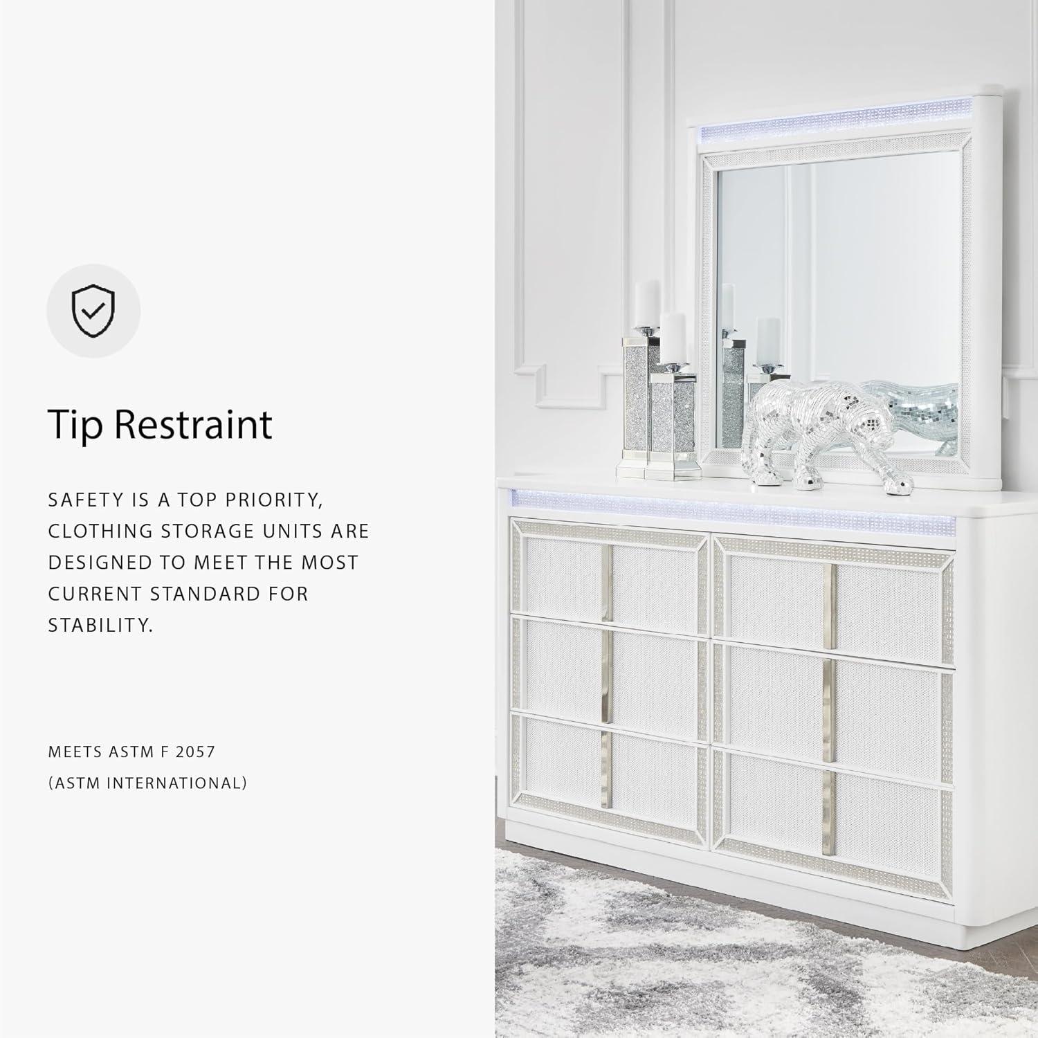 imageSignature Design by Ashley Chalanna Glam 6Drawer Dresser and Mirror with FeltLined Top Drawers LED Lighting and Safety Stop WhiteGlam