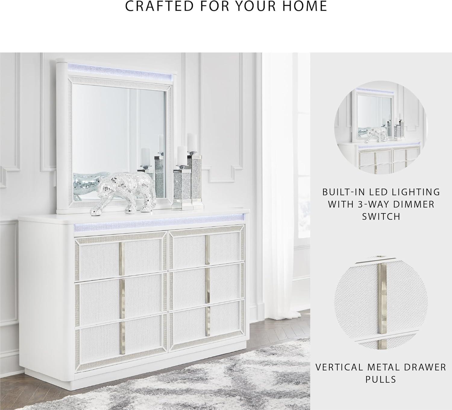 imageSignature Design by Ashley Chalanna Glam 6Drawer Dresser and Mirror with FeltLined Top Drawers LED Lighting and Safety Stop WhiteGlam