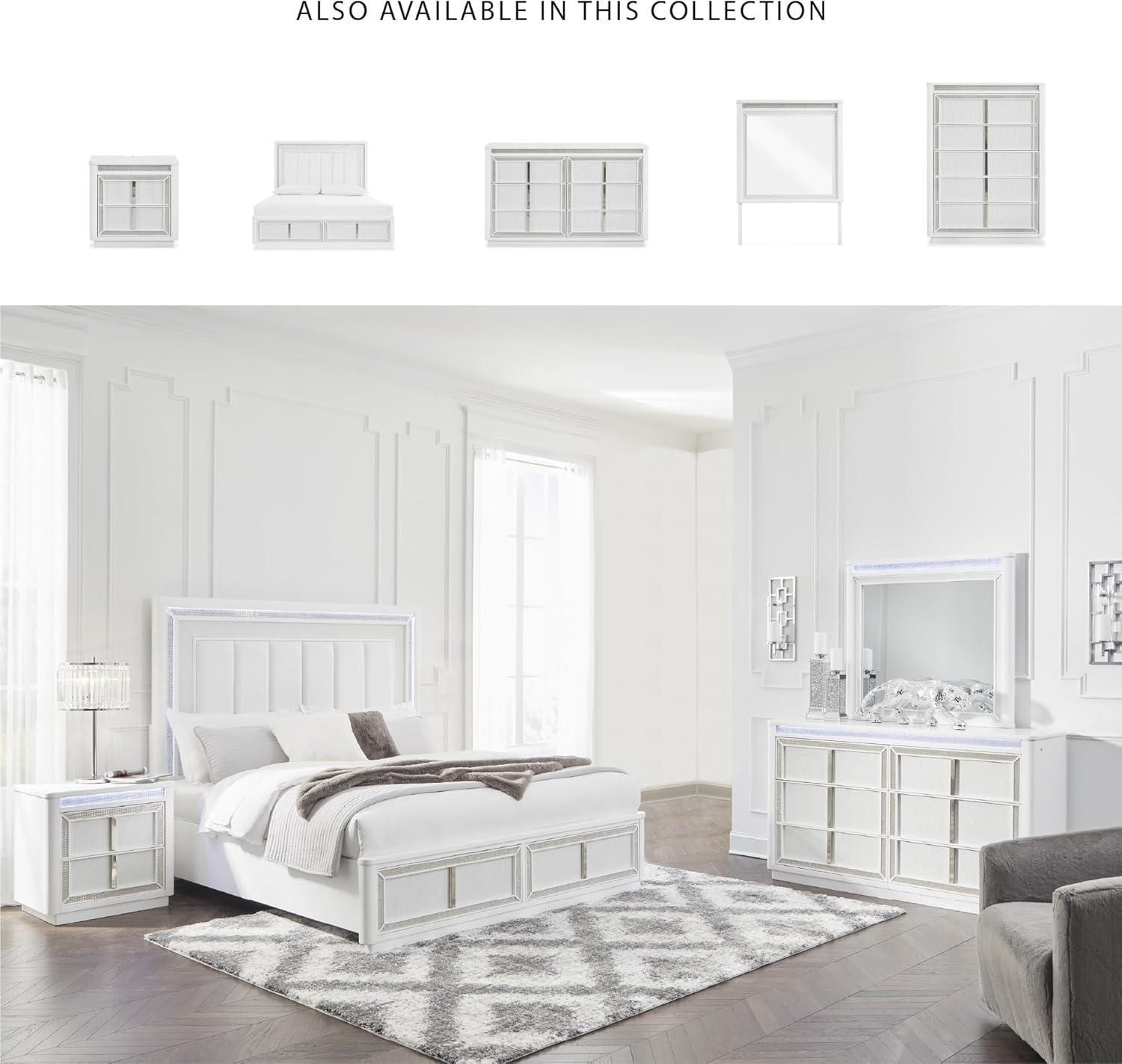 imageSignature Design by Ashley Chalanna Glam 6Drawer Dresser and Mirror with FeltLined Top Drawers LED Lighting and Safety Stop WhiteKing Upholstered Storage Bed