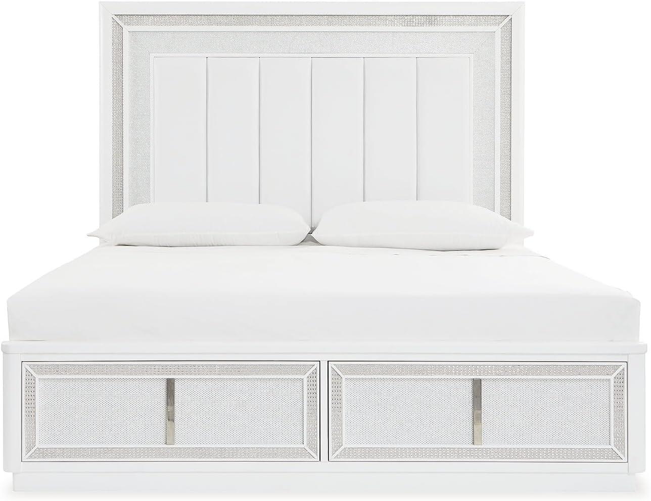 imageSignature Design by Ashley Chalanna Glam 6Drawer Dresser and Mirror with FeltLined Top Drawers LED Lighting and Safety Stop WhiteKing Upholstered Storage Bed