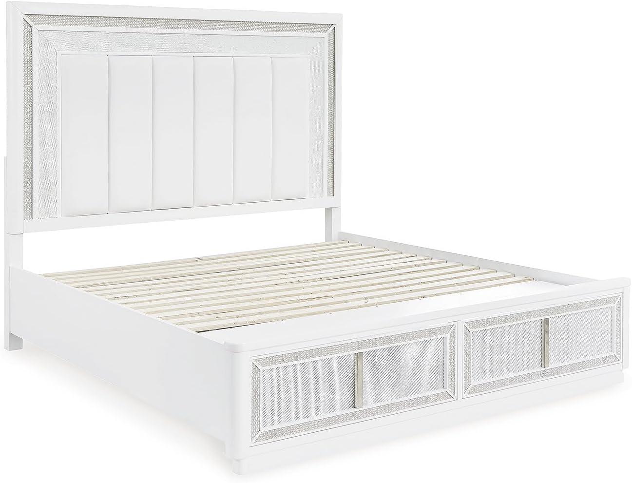 imageSignature Design by Ashley Chalanna Glam 6Drawer Dresser and Mirror with FeltLined Top Drawers LED Lighting and Safety Stop WhiteKing Upholstered Storage Bed