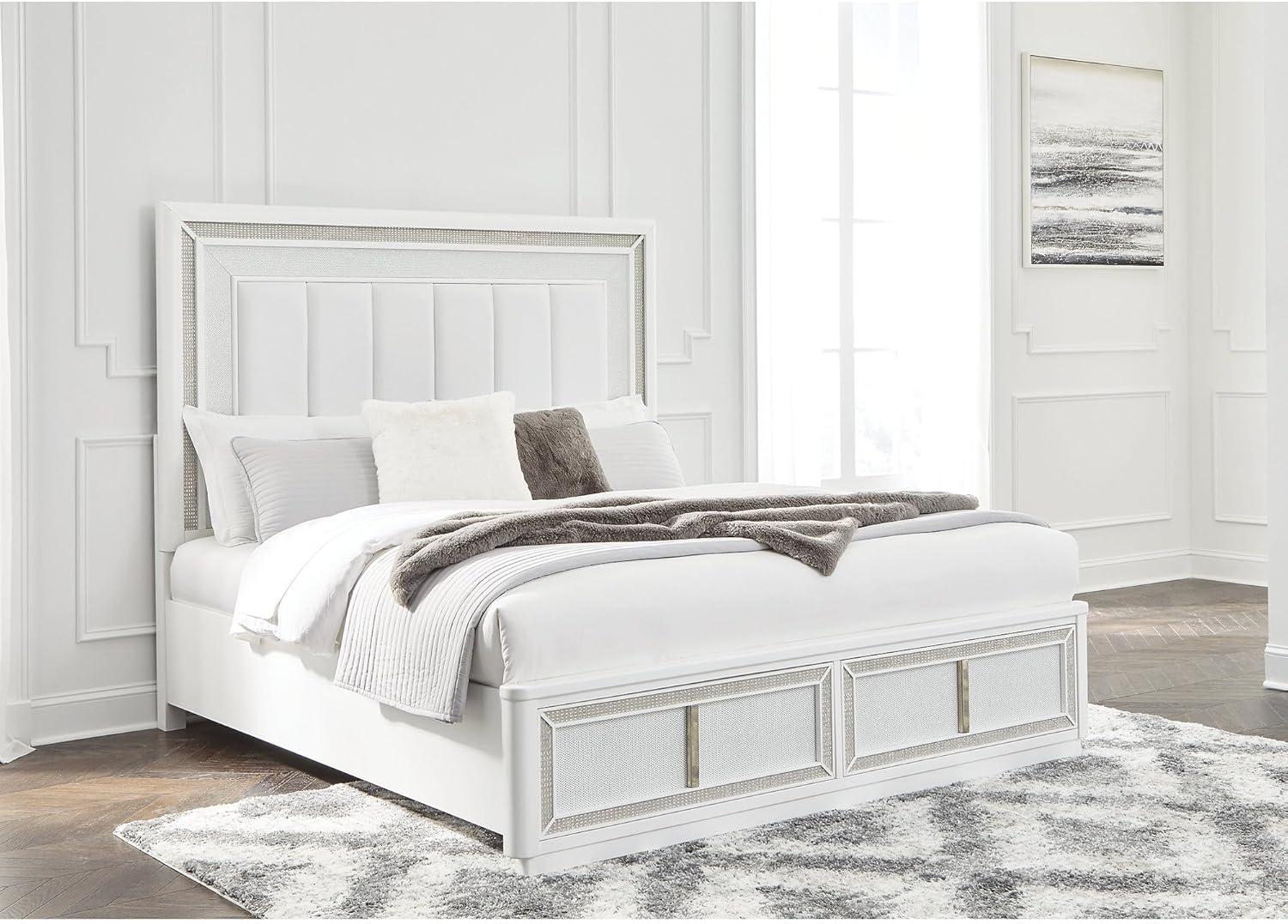 imageSignature Design by Ashley Chalanna Glam 6Drawer Dresser and Mirror with FeltLined Top Drawers LED Lighting and Safety Stop WhiteKing Upholstered Storage Bed