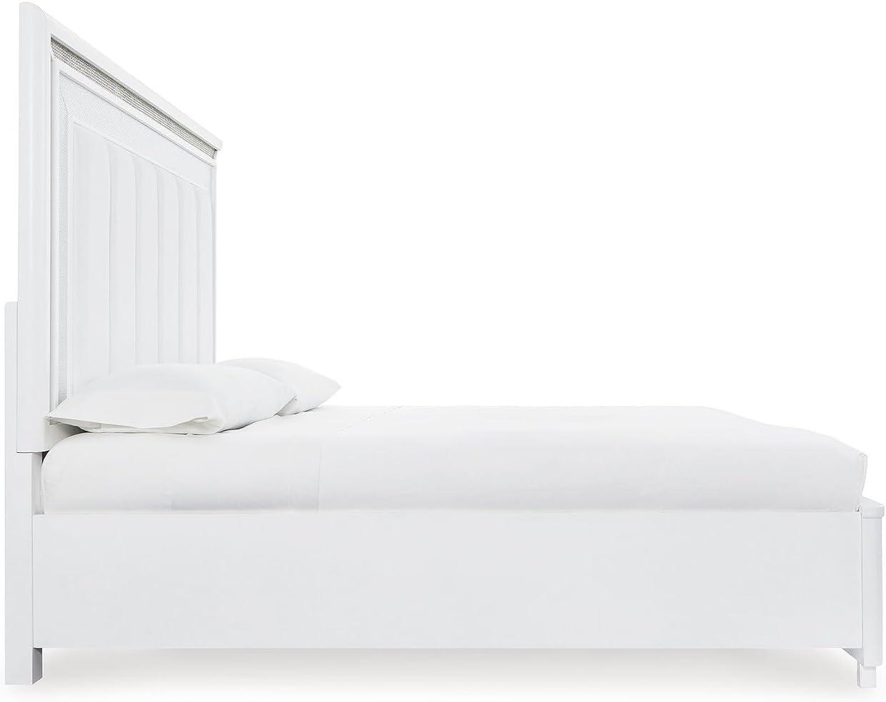 imageSignature Design by Ashley Chalanna Glam 6Drawer Dresser and Mirror with FeltLined Top Drawers LED Lighting and Safety Stop WhiteKing Upholstered Storage Bed