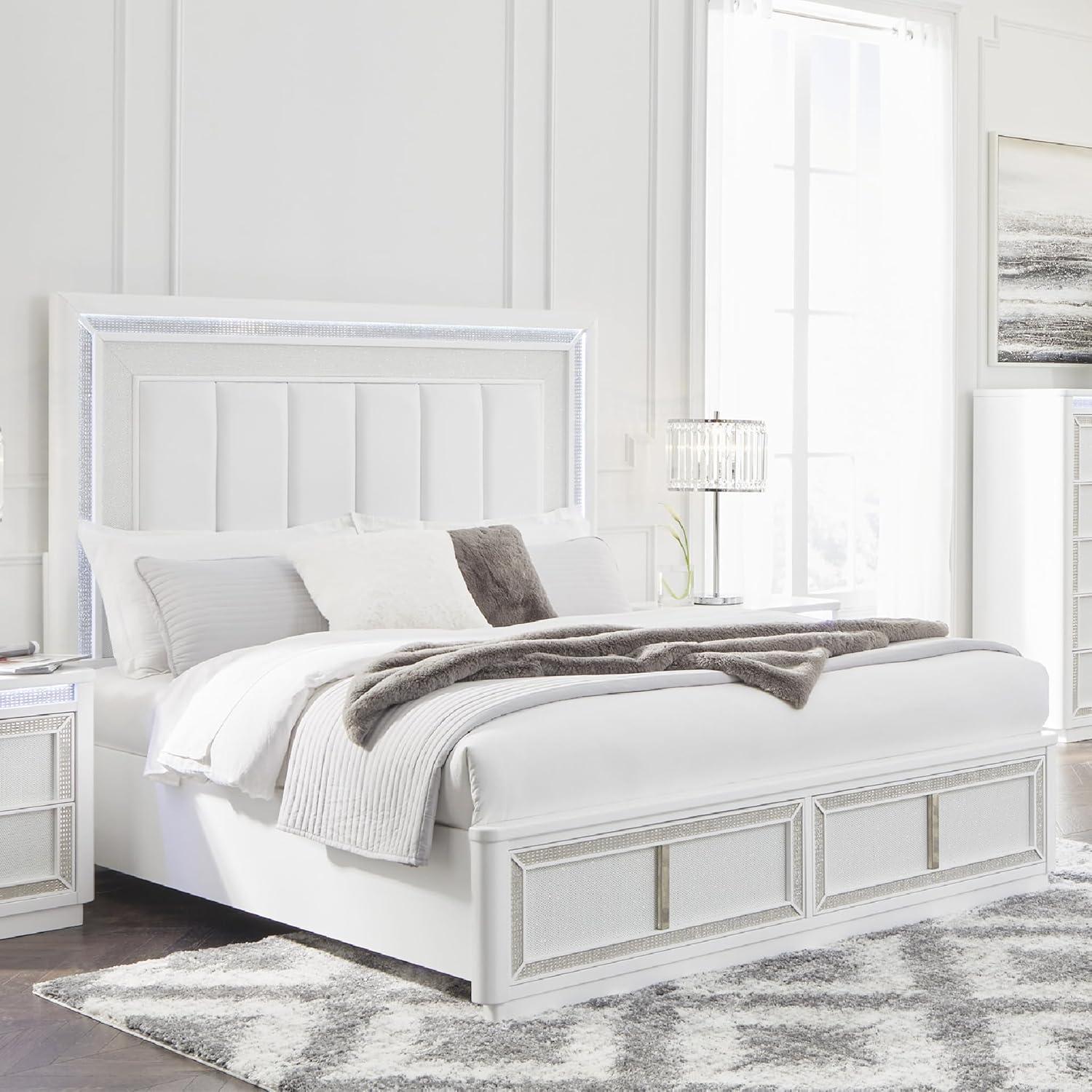 imageSignature Design by Ashley Chalanna Glam 6Drawer Dresser and Mirror with FeltLined Top Drawers LED Lighting and Safety Stop WhiteKing Upholstered Storage Bed