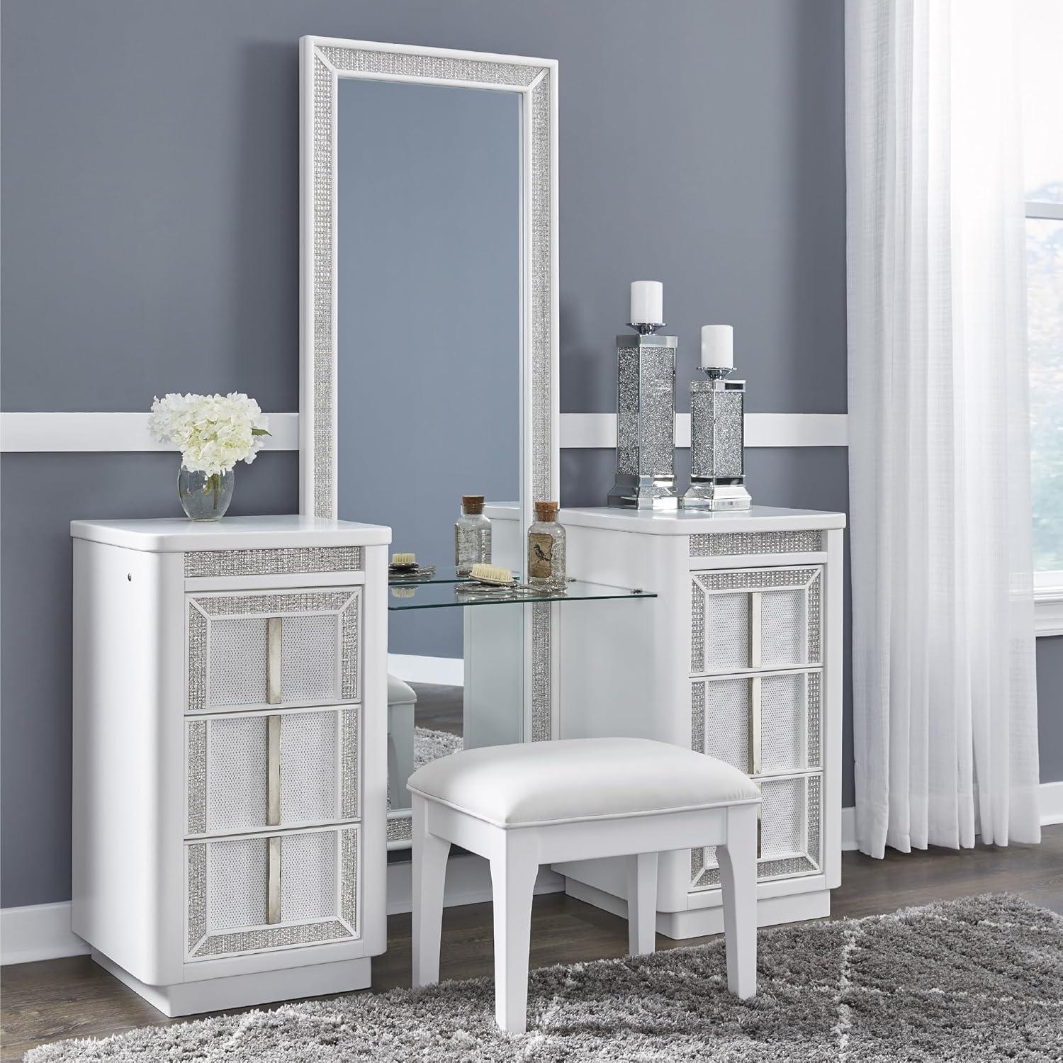 imageSignature Design by Ashley Chalanna Glam 6Drawer Dresser and Mirror with FeltLined Top Drawers LED Lighting and Safety Stop WhiteModern