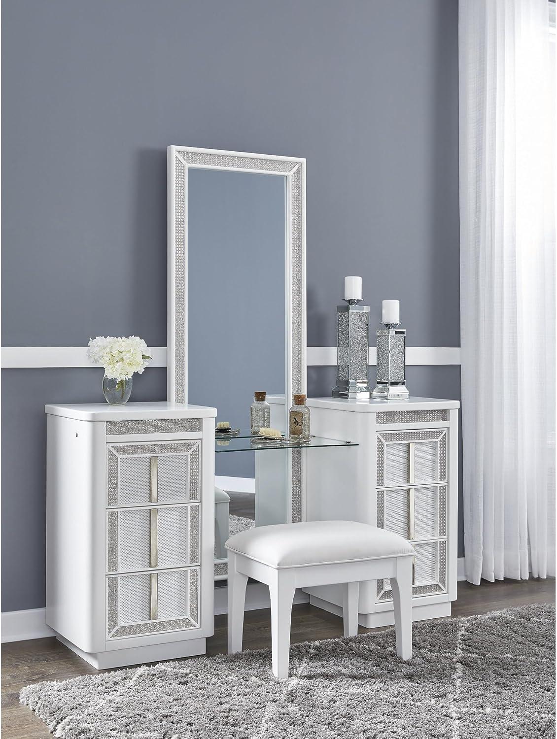 imageSignature Design by Ashley Chalanna Glam 6Drawer Dresser and Mirror with FeltLined Top Drawers LED Lighting and Safety Stop WhiteModern