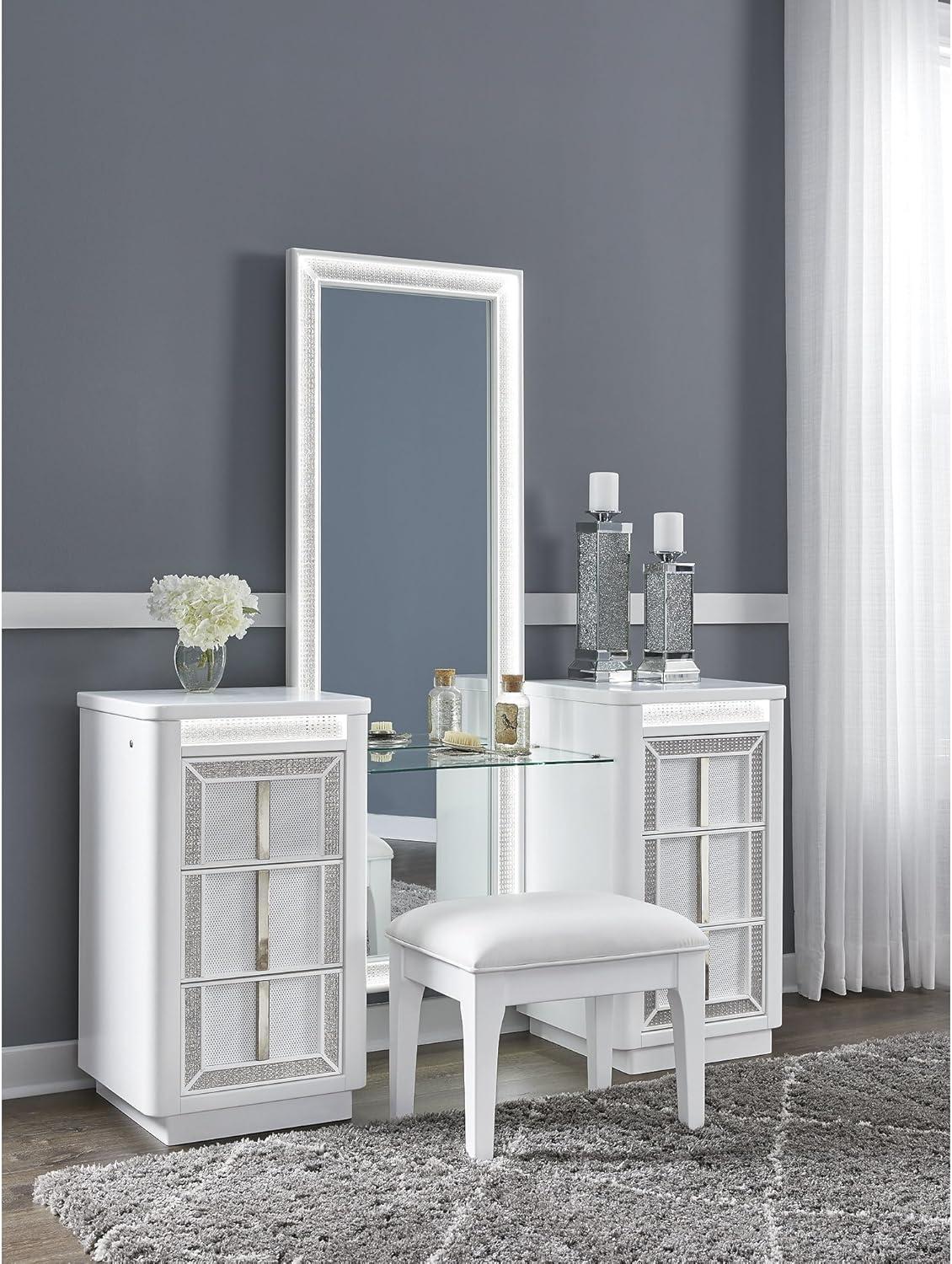 imageSignature Design by Ashley Chalanna Glam 6Drawer Dresser and Mirror with FeltLined Top Drawers LED Lighting and Safety Stop WhiteModern