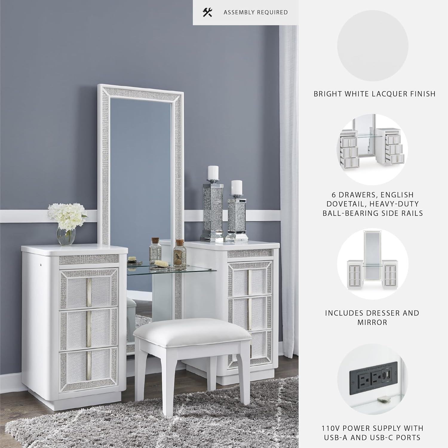 imageSignature Design by Ashley Chalanna Glam 6Drawer Dresser and Mirror with FeltLined Top Drawers LED Lighting and Safety Stop WhiteModern