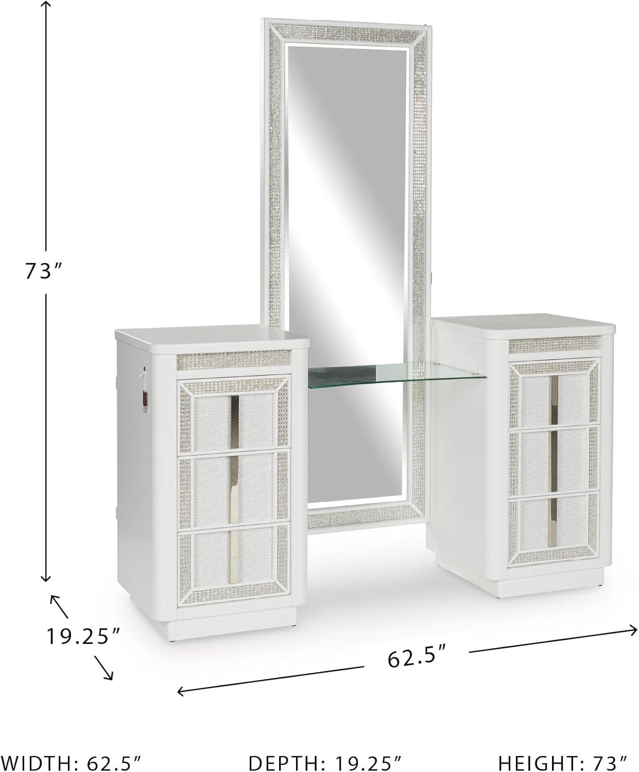 imageSignature Design by Ashley Chalanna Glam 6Drawer Dresser and Mirror with FeltLined Top Drawers LED Lighting and Safety Stop WhiteModern