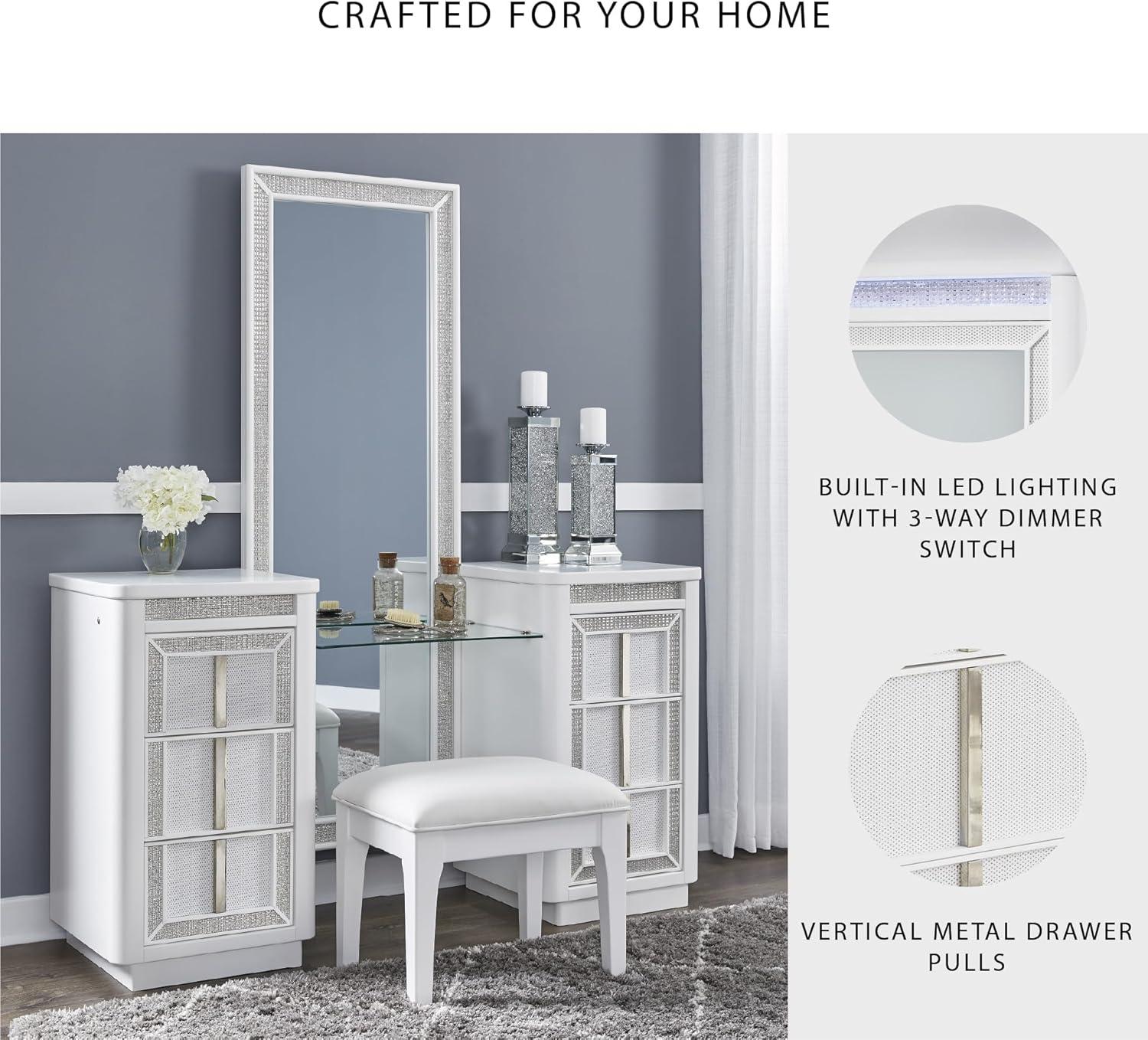 imageSignature Design by Ashley Chalanna Glam 6Drawer Dresser and Mirror with FeltLined Top Drawers LED Lighting and Safety Stop WhiteModern