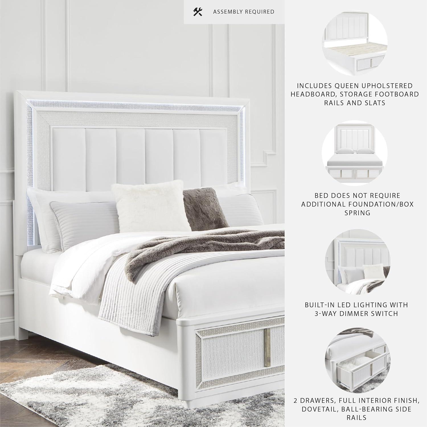 imageSignature Design by Ashley Chalanna Glam 6Drawer Dresser and Mirror with FeltLined Top Drawers LED Lighting and Safety Stop WhiteQueen Upholstered Storage Bed