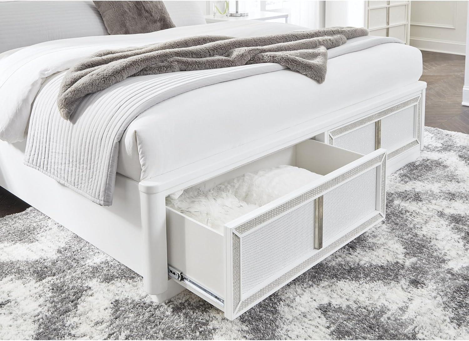 imageSignature Design by Ashley Chalanna Glam 6Drawer Dresser and Mirror with FeltLined Top Drawers LED Lighting and Safety Stop WhiteQueen Upholstered Storage Bed