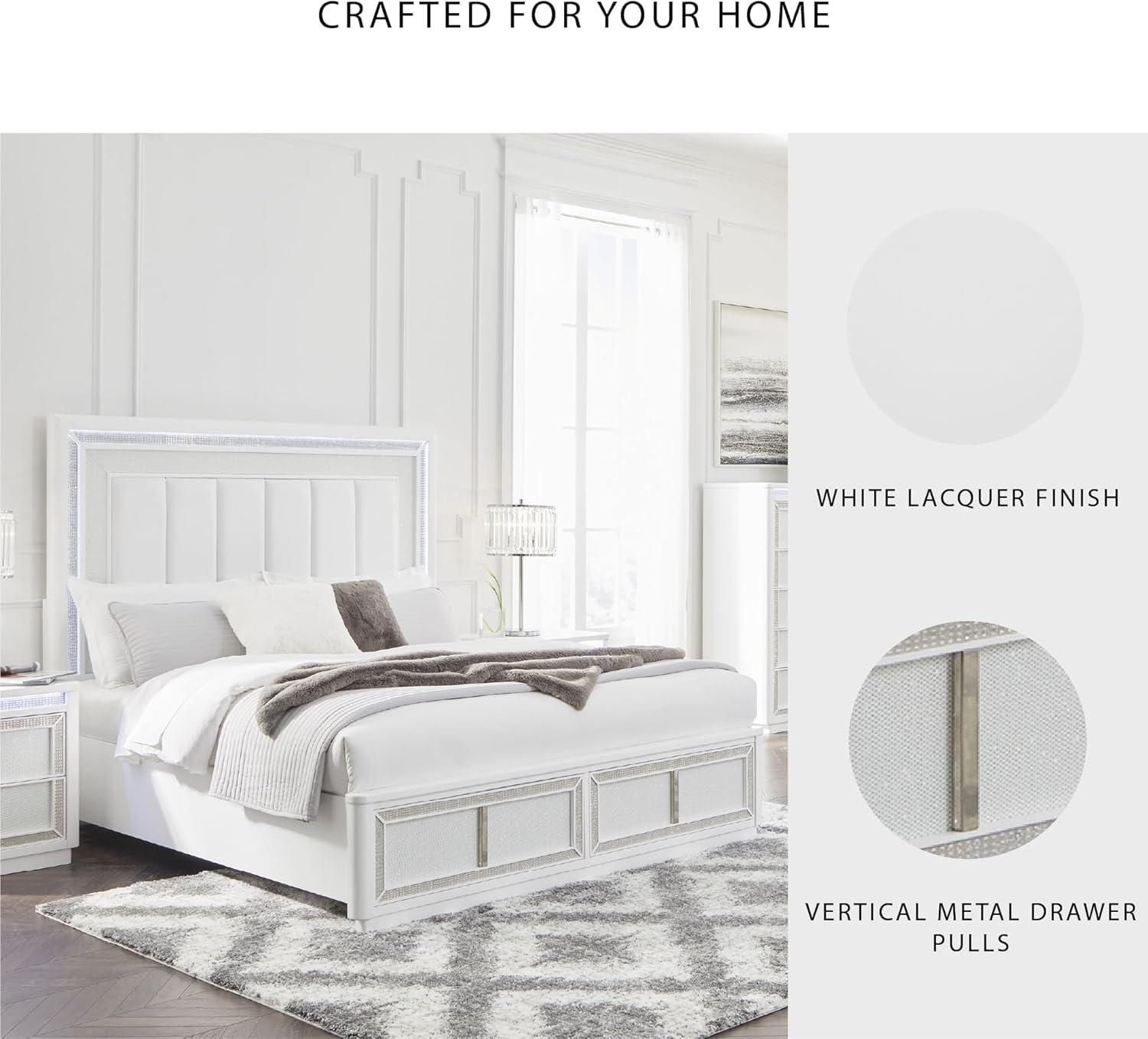 imageSignature Design by Ashley Chalanna Glam 6Drawer Dresser and Mirror with FeltLined Top Drawers LED Lighting and Safety Stop WhiteQueen Upholstered Storage Bed