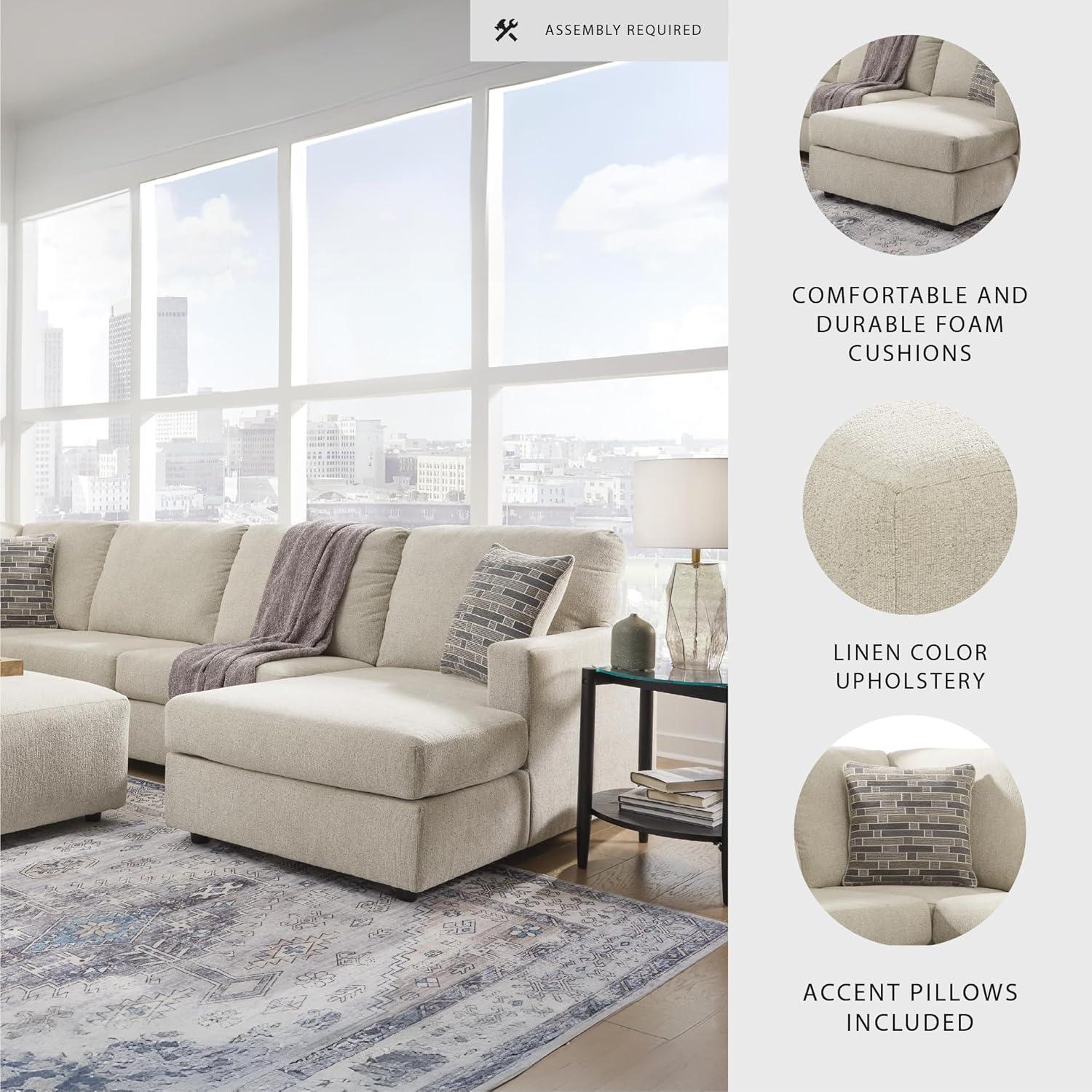 imageSignature Design by Ashley Edenfield Coastal LeftArm Facing 3Piece Sectional with Chaise Loose Seat Cushions and 3 Throw Pillows BeigeLinen