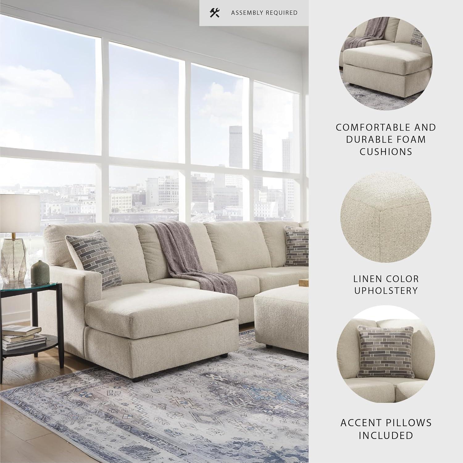 imageSignature Design by Ashley Edenfield Coastal LeftArm Facing 3Piece Sectional with Chaise Loose Seat Cushions and 3 Throw Pillows BeigeLinen