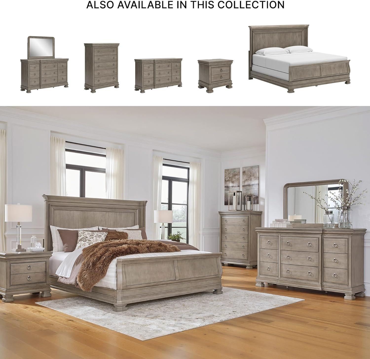 imageSignature Design by Ashley Lexorne Traditional King Sleigh Bed Foundation or Box Spring Needed Light Gray7 Drawer Dresser