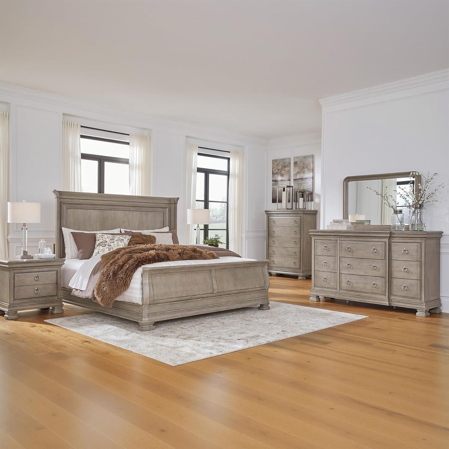 imageSignature Design by Ashley Lexorne Traditional King Sleigh Bed Foundation or Box Spring Needed Light Gray7 Drawer Dresser