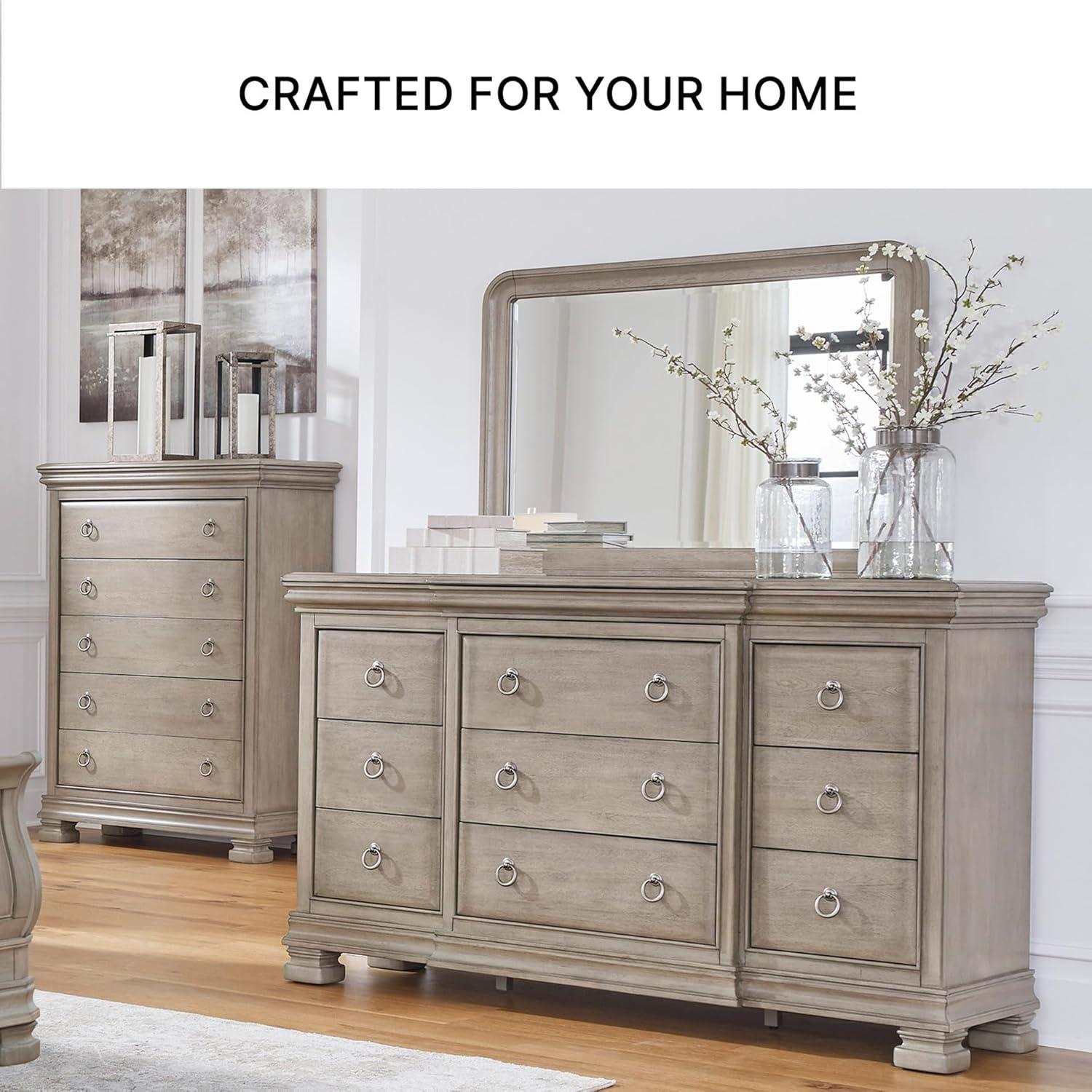 imageSignature Design by Ashley Lexorne Traditional King Sleigh Bed Foundation or Box Spring Needed Light Gray7 Drawer Dresser