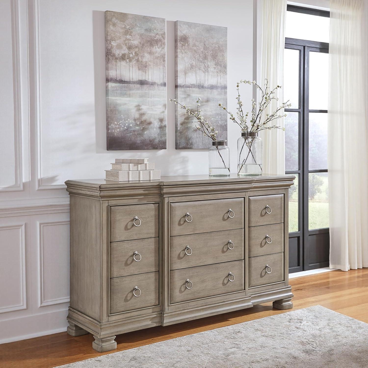 imageSignature Design by Ashley Lexorne Traditional King Sleigh Bed Foundation or Box Spring Needed Light Gray7 Drawer Dresser