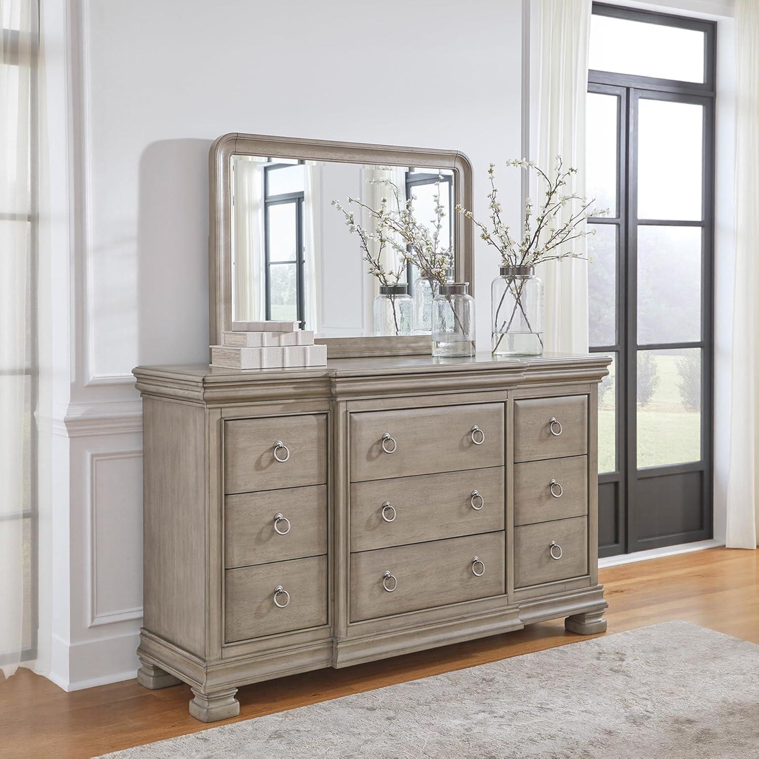 imageSignature Design by Ashley Lexorne Traditional King Sleigh Bed Foundation or Box Spring Needed Light GrayDresser and Mirror