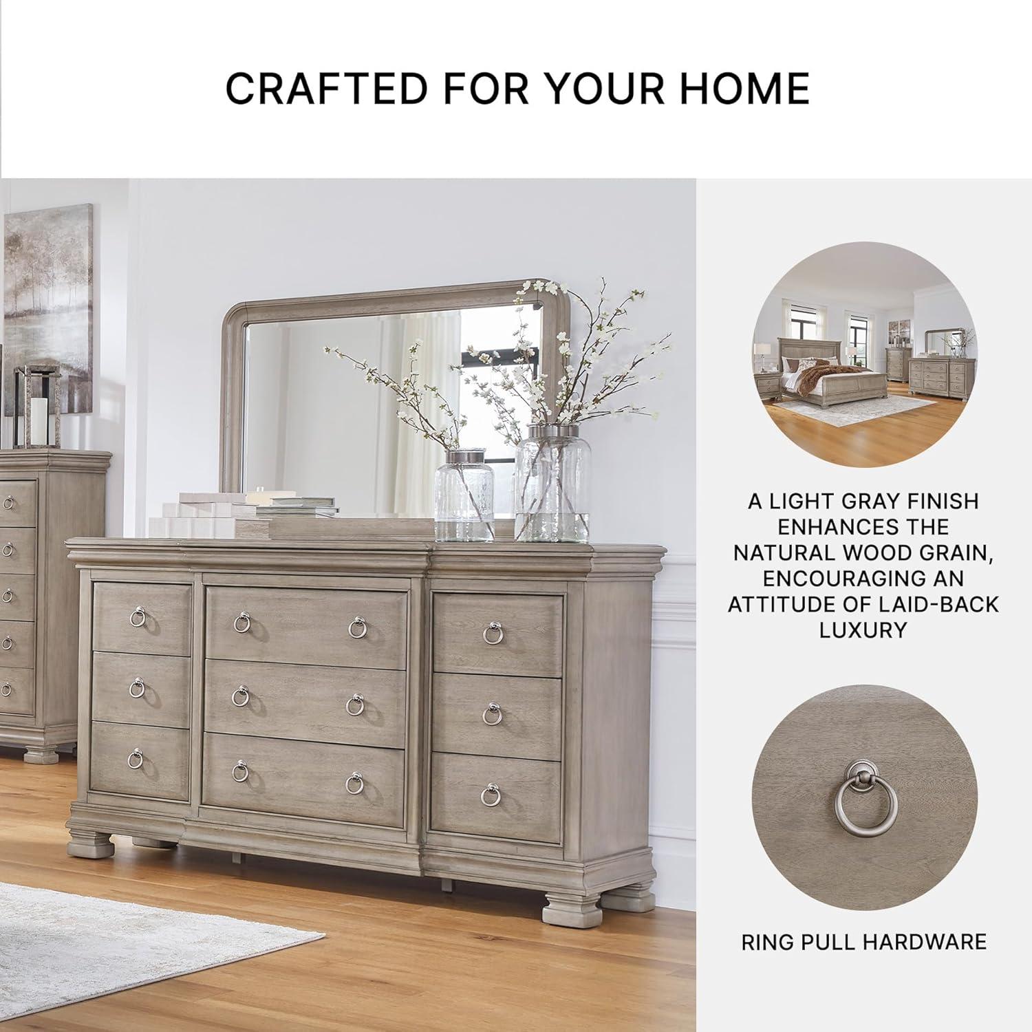 imageSignature Design by Ashley Lexorne Traditional King Sleigh Bed Foundation or Box Spring Needed Light GrayDresser and Mirror