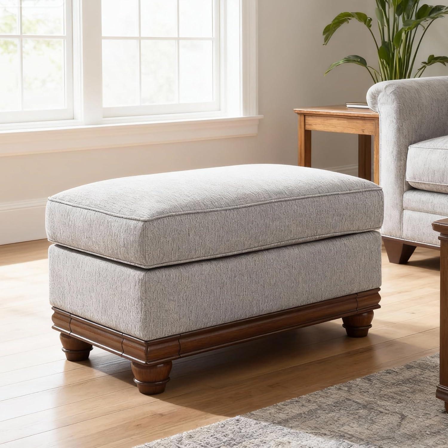 imageSignature Design by Ashley Meadowview Farmhouse Upholstered Ottoman with Turned Legs Light Gray