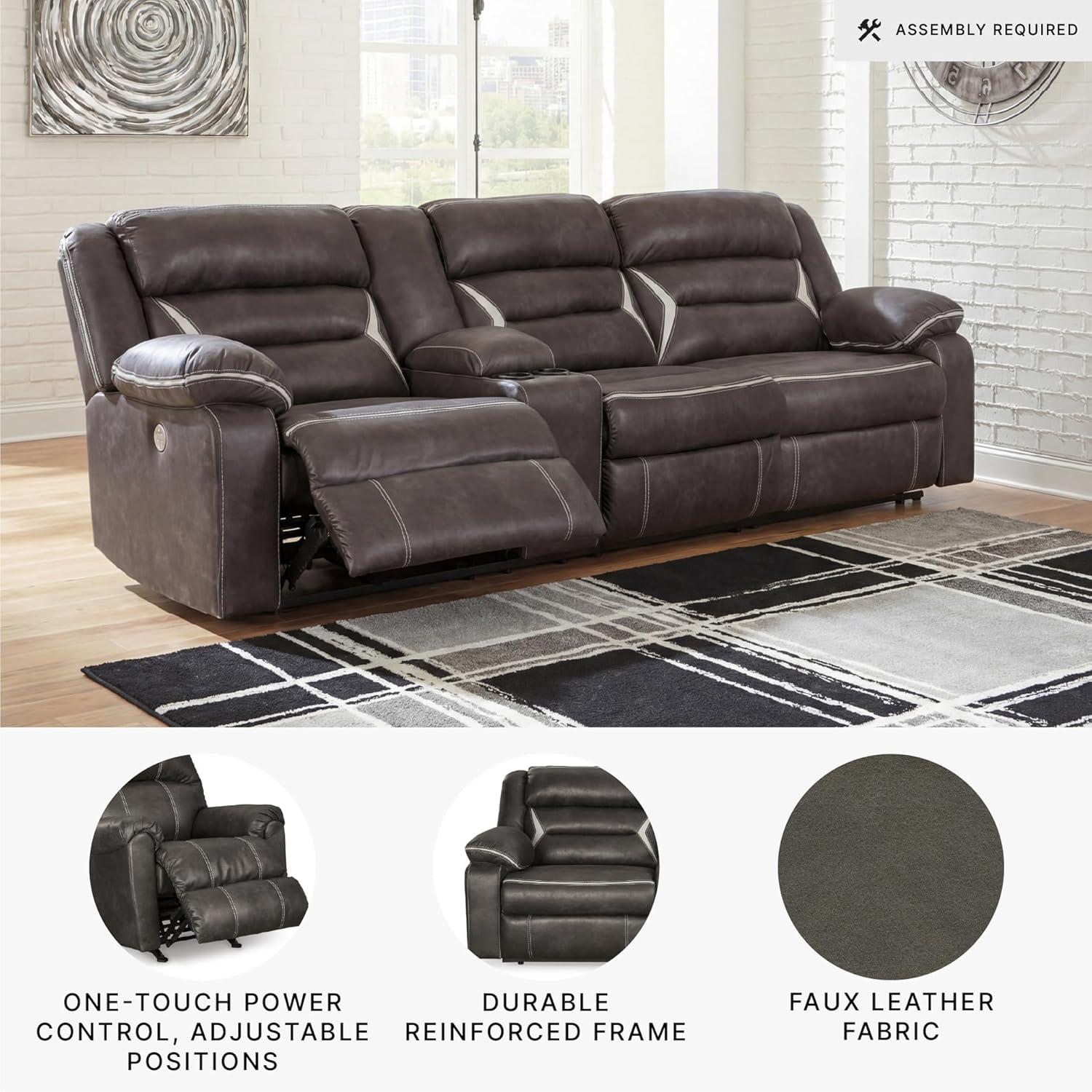 imageSignature Design by Ashley Modern Kincord LShape Symmetrical Faux Leather 3Piece Power Reclining Sectional with Cup Holder and USB Charging Ports Dark BrownLeft Arm Rest