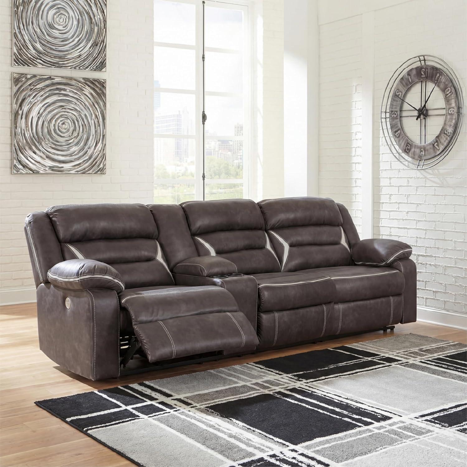 imageSignature Design by Ashley Modern Kincord LShape Symmetrical Faux Leather 3Piece Power Reclining Sectional with Cup Holder and USB Charging Ports Dark BrownLeft Arm Rest
