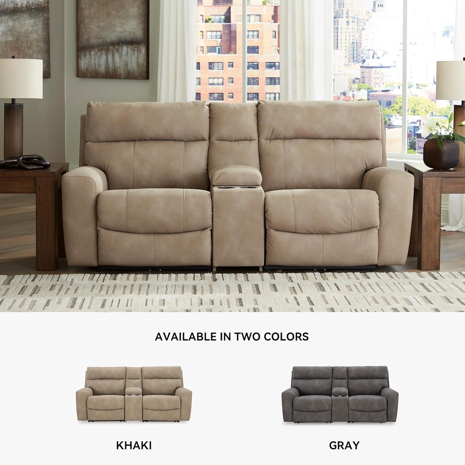imageSignature Design by Ashley NextGen DuraPella Contemporary Faux Leather Modular Wall Hugger 3Piece Power Reclining Sectional Loveseat with Console Adjustable Headrest and USB Ports GrayBeige