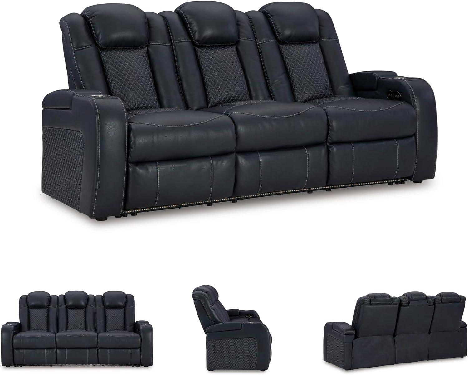 imageSignature Design by Ashley NextGen DuraPella Contemporary Faux Leather Modular Wall Hugger 3Piece Power Reclining Sectional Loveseat with Console Adjustable Headrest and USB Ports GrayNavy