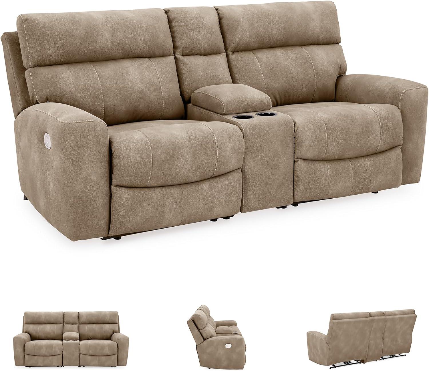 imageSignature Design by Ashley NextGen DuraPella Contemporary Faux Leather Modular Wall Hugger 3Piece Power Reclining Sectional Loveseat with Console Adjustable Headrest and USB Ports GrayBeige