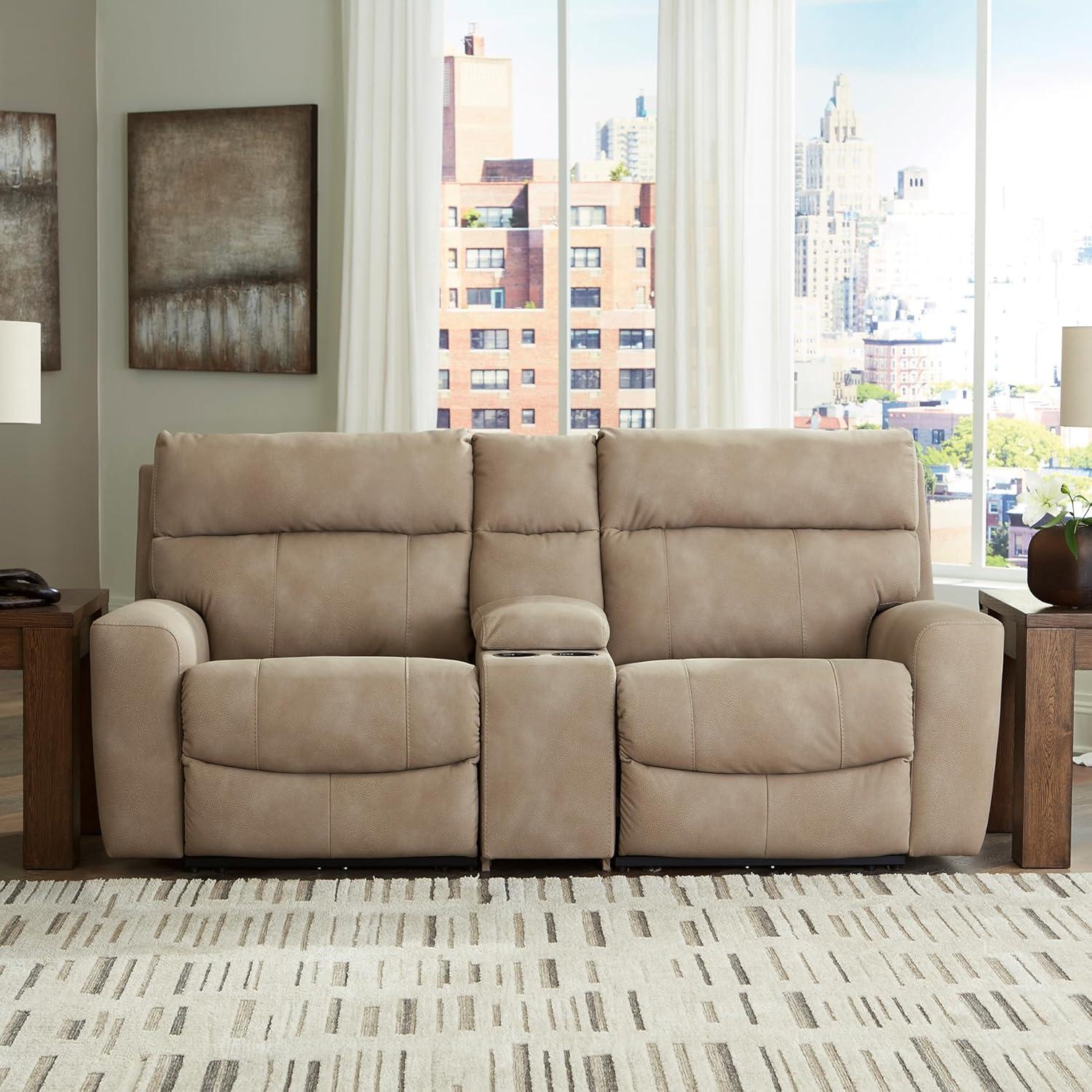 imageSignature Design by Ashley NextGen DuraPella Contemporary Faux Leather Modular Wall Hugger 3Piece Power Reclining Sectional Loveseat with Console Adjustable Headrest and USB Ports GrayBeige