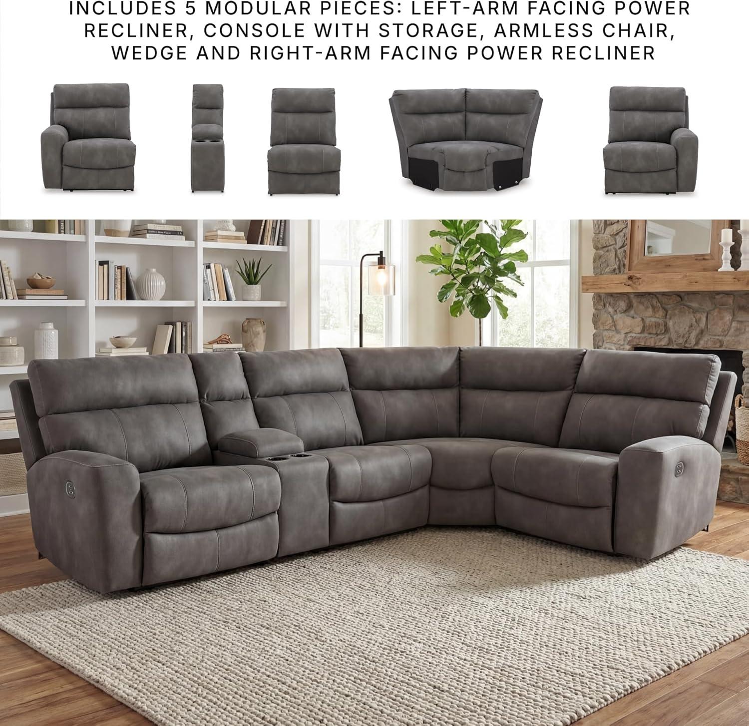 imageSignature Design by Ashley NextGen DuraPella Contemporary Faux Leather Modular Wall Hugger 3Piece Power Reclining Sectional Loveseat with Console Adjustable Headrest and USB Ports GrayGrey