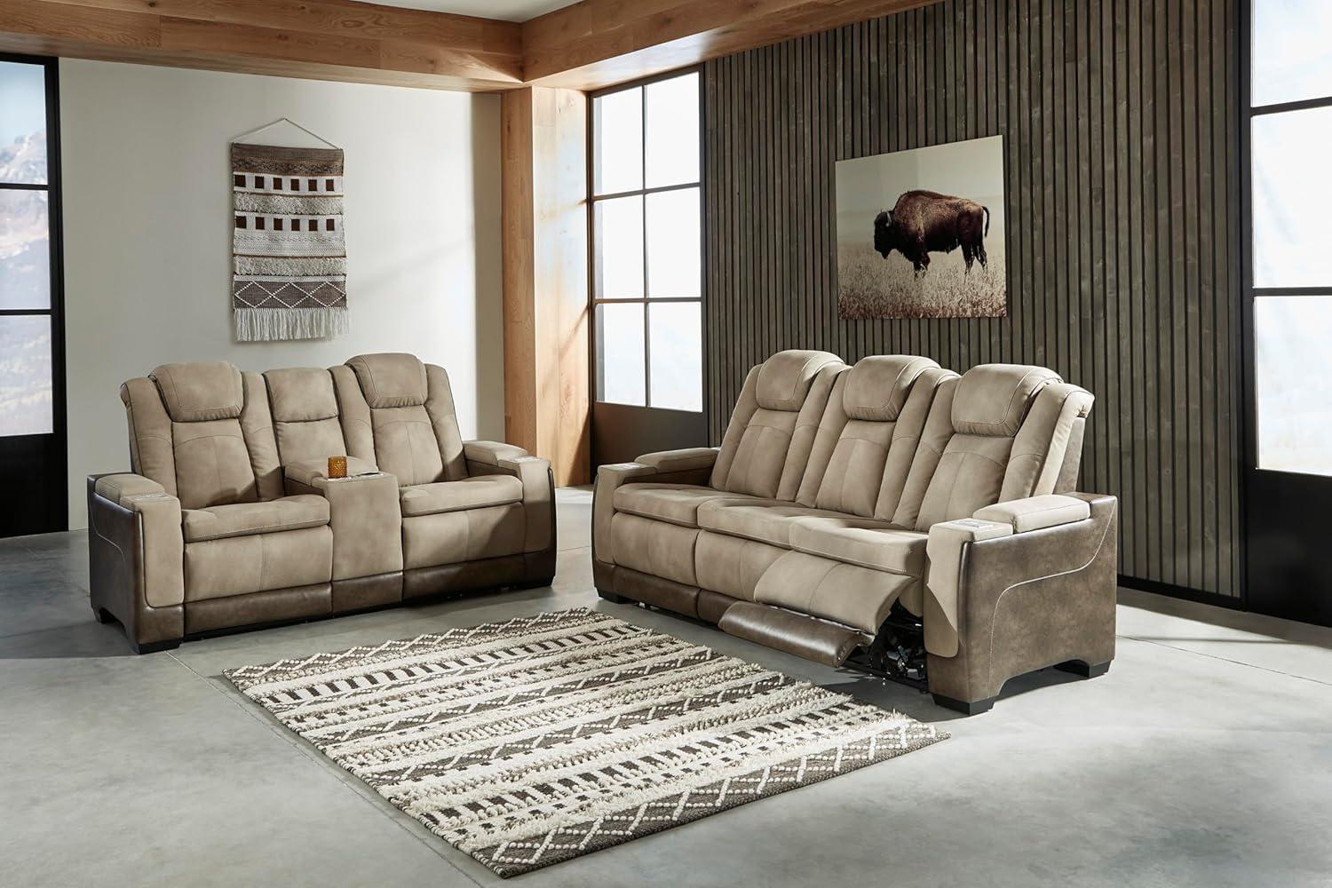 imageSignature Design by Ashley NextGen DuraPella Contemporary Faux Leather Modular Wall Hugger 3Piece Power Reclining Sectional Loveseat with Console Adjustable Headrest and USB Ports GrayBeige