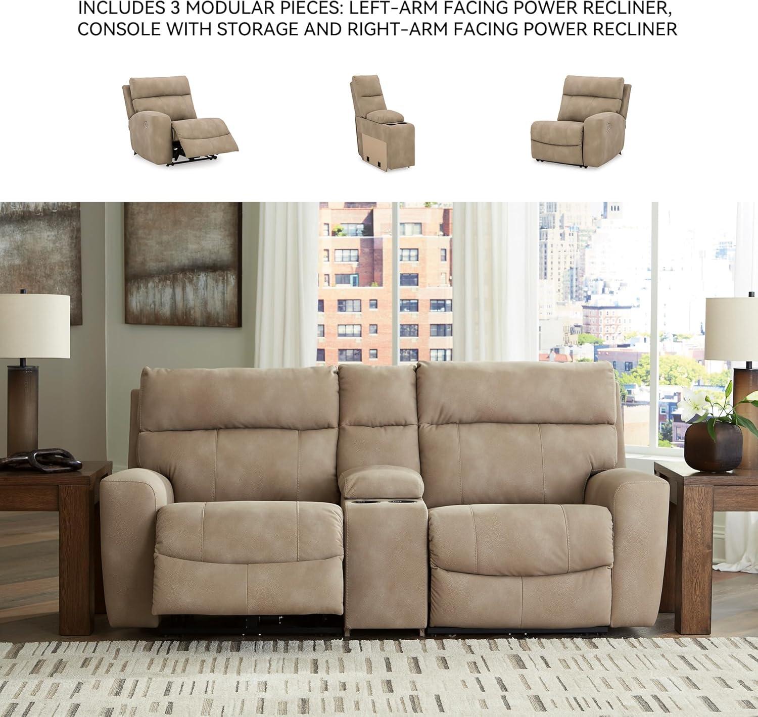 imageSignature Design by Ashley NextGen DuraPella Contemporary Faux Leather Modular Wall Hugger 3Piece Power Reclining Sectional Loveseat with Console Adjustable Headrest and USB Ports GrayBeige