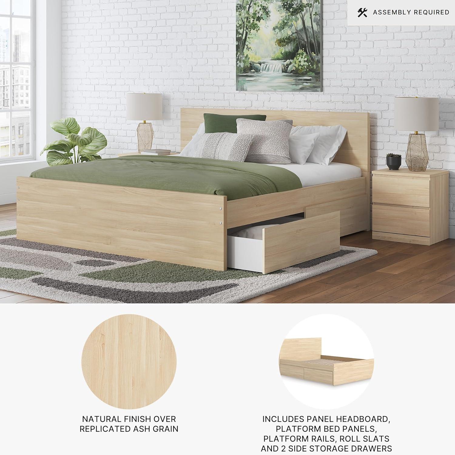 imageSignature Design by Ashley Onita Minimalist 4Drawer Full Platform Bed with 2 Side Storage Foundation or Box Spring Not Needed WhiteLight Brown