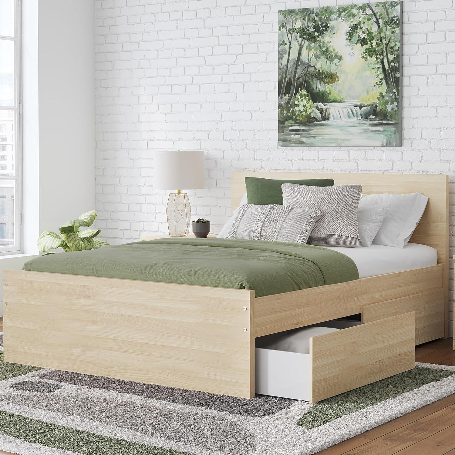 imageSignature Design by Ashley Onita Minimalist 4Drawer Full Platform Bed with 2 Side Storage Foundation or Box Spring Not Needed WhiteLight Brown