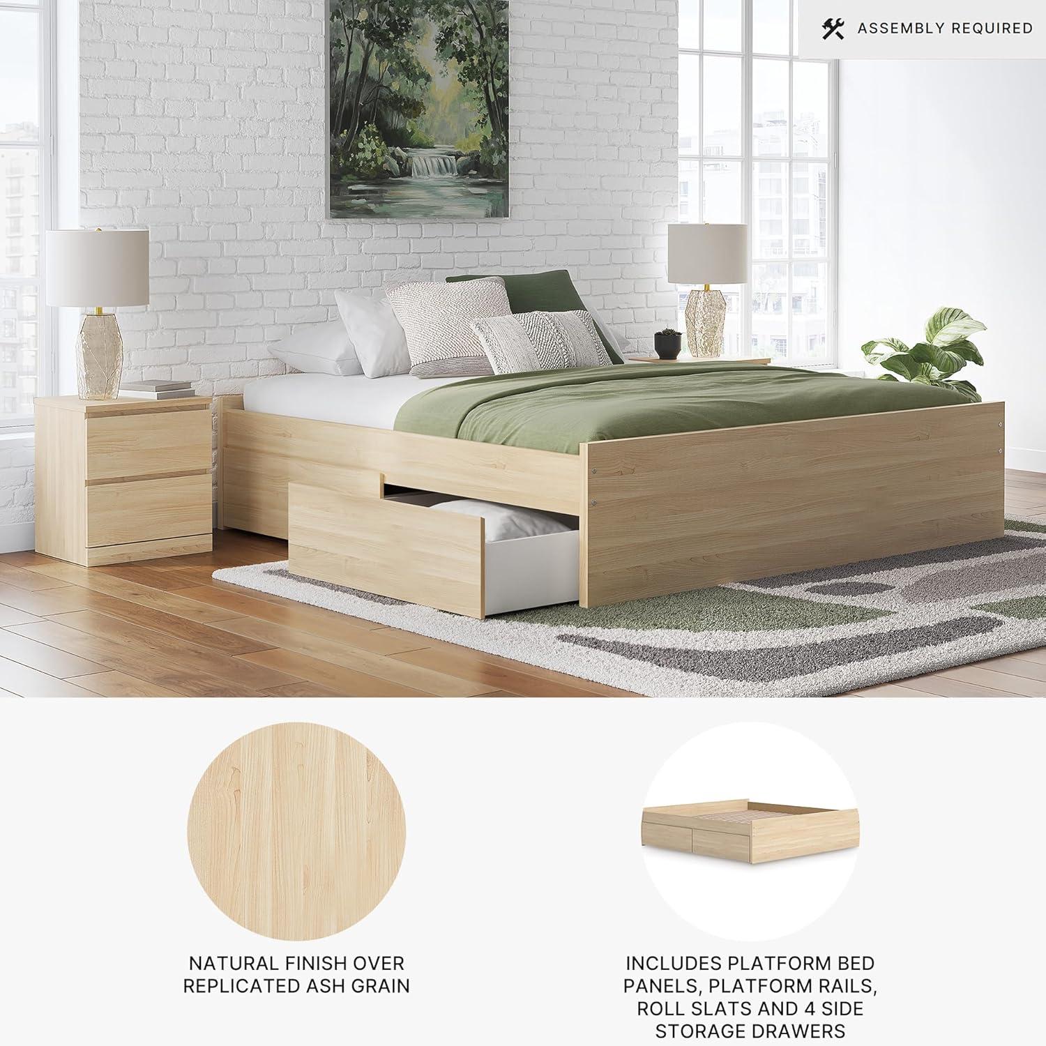 imageSignature Design by Ashley Onita Minimalist 4Drawer Full Platform Bed with 2 Side Storage Foundation or Box Spring Not Needed WhiteLight Brown