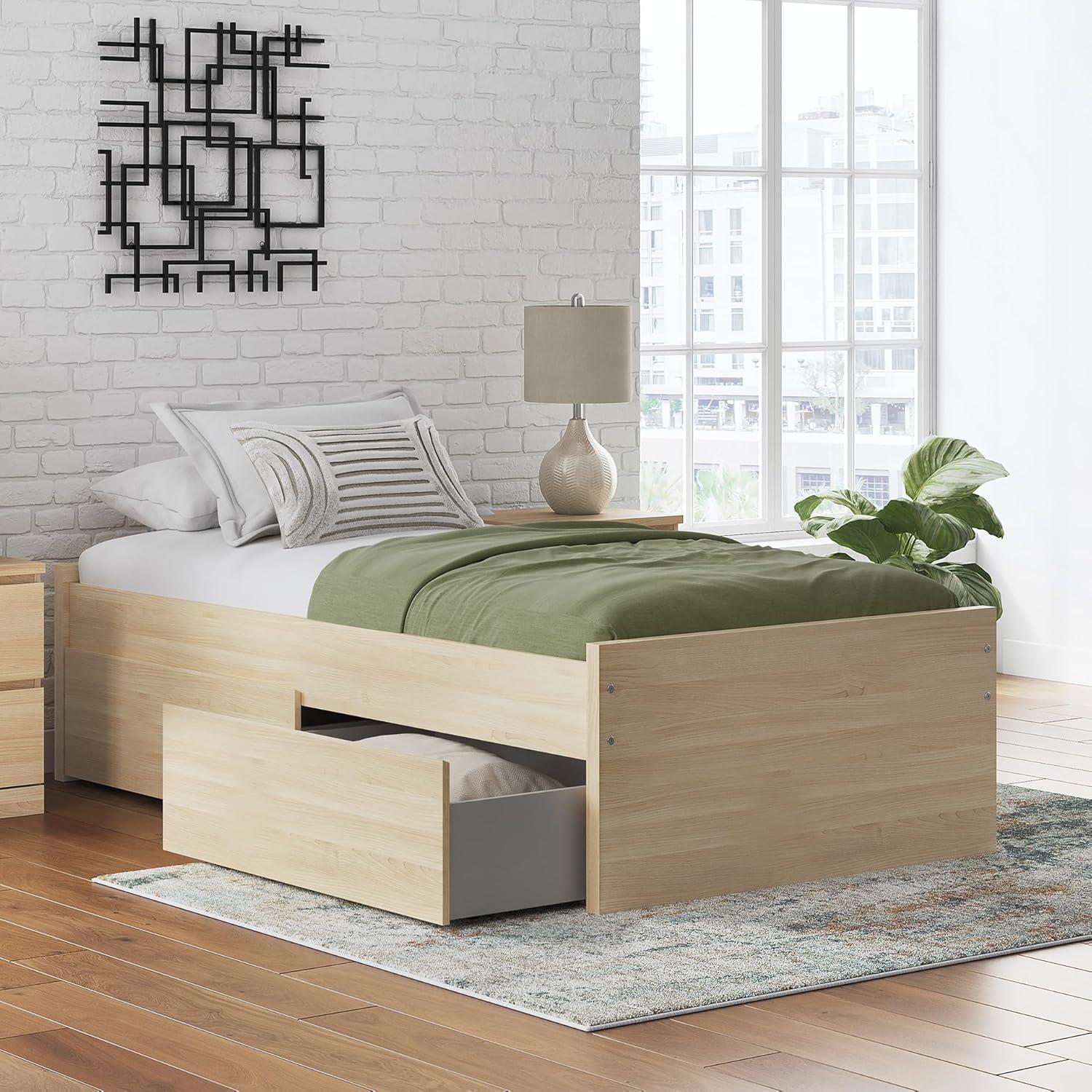 imageSignature Design by Ashley Onita Minimalist 4Drawer Full Platform Bed with 2 Side Storage Foundation or Box Spring Not Needed WhiteLight Brown