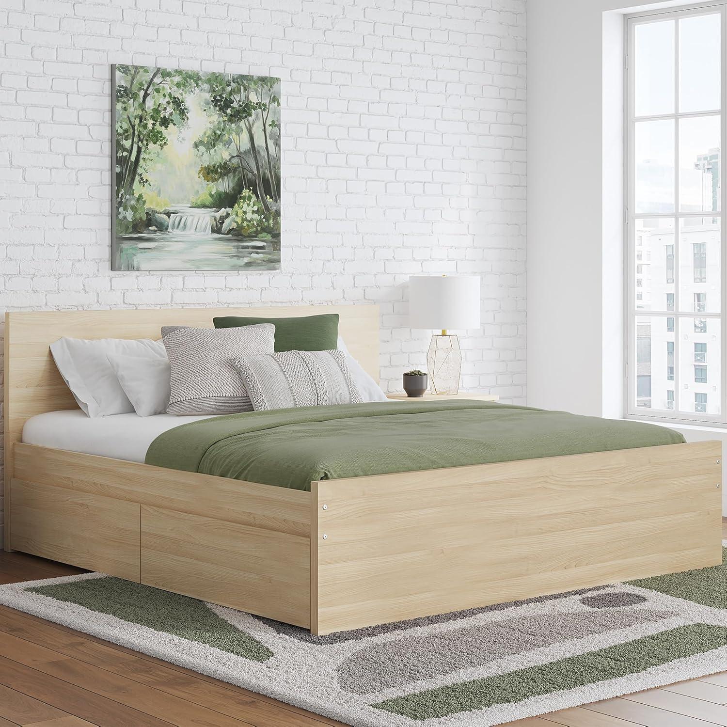 imageSignature Design by Ashley Onita Minimalist 4Drawer Full Platform Bed with 2 Side Storage Foundation or Box Spring Not Needed WhiteLight Brown