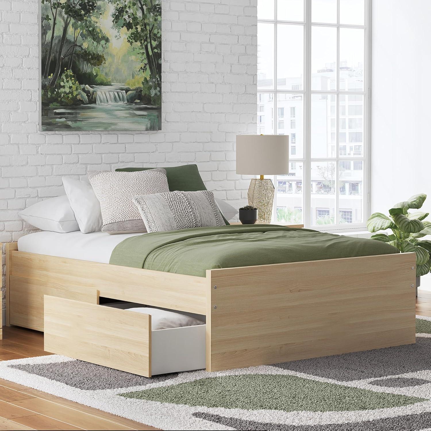 imageSignature Design by Ashley Onita Minimalist 4Drawer Full Platform Bed with 2 Side Storage Foundation or Box Spring Not Needed WhiteLight Brown