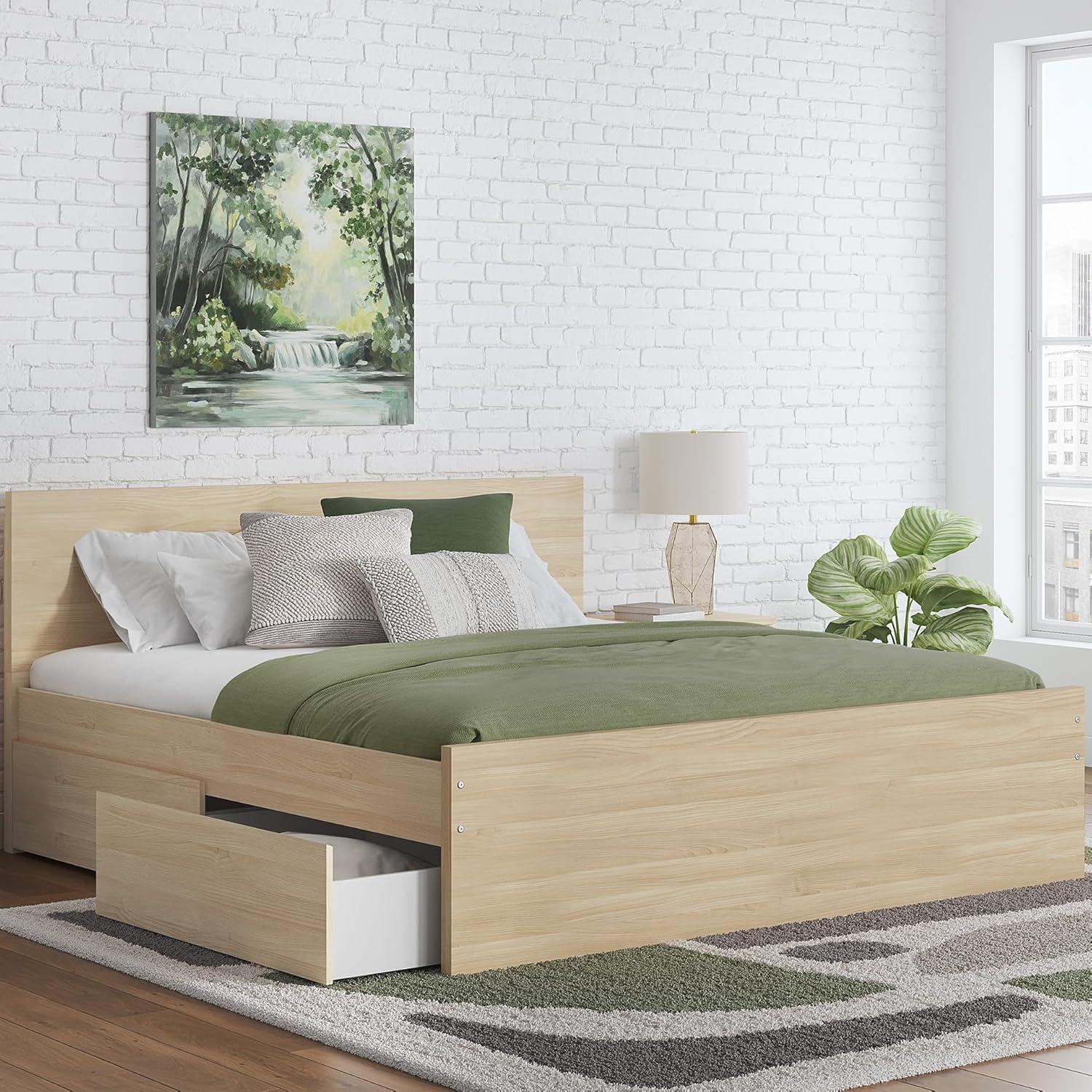 imageSignature Design by Ashley Onita Minimalist 4Drawer Full Platform Bed with 2 Side Storage Foundation or Box Spring Not Needed WhiteLight Brown